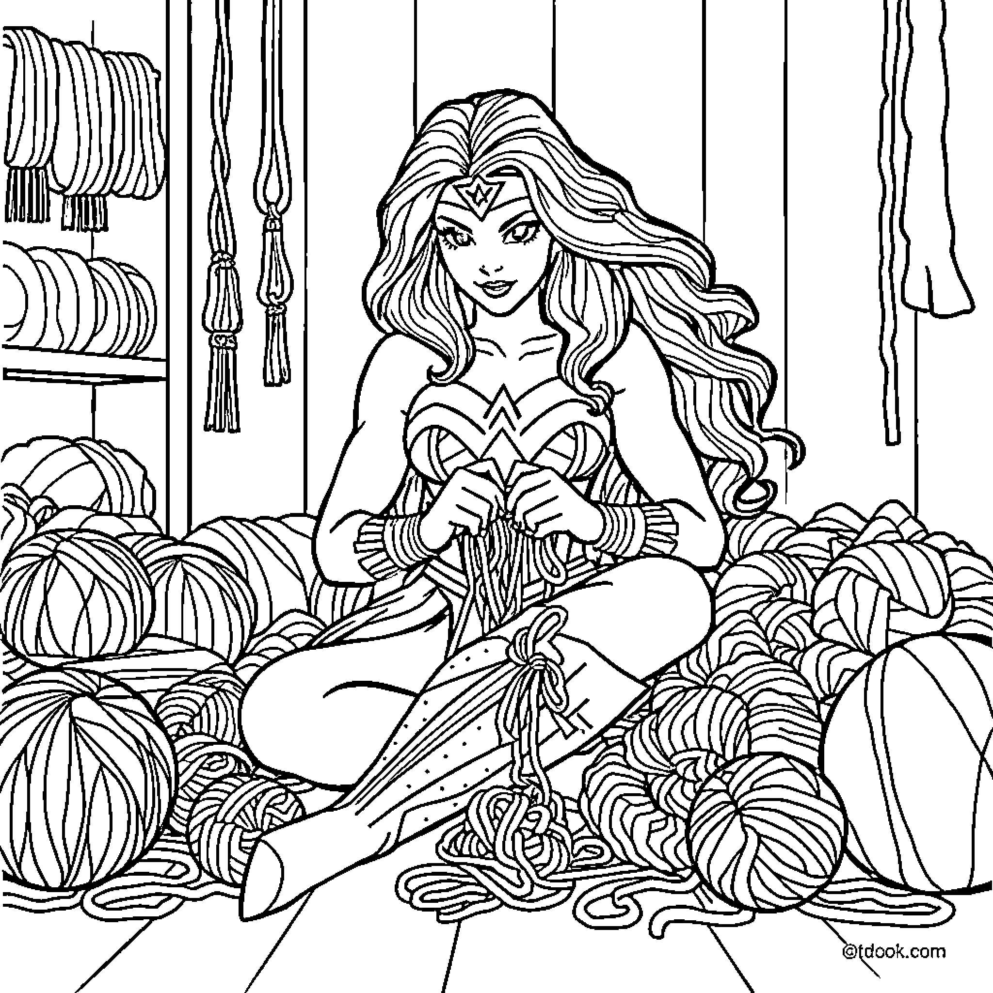 Wonder Woman Relaxing in a Room of Yarn Coloring Page (free black-and-white line drawing printable PDF for all, from beginners to advanced learners, including children, teens, adults, and seniors)