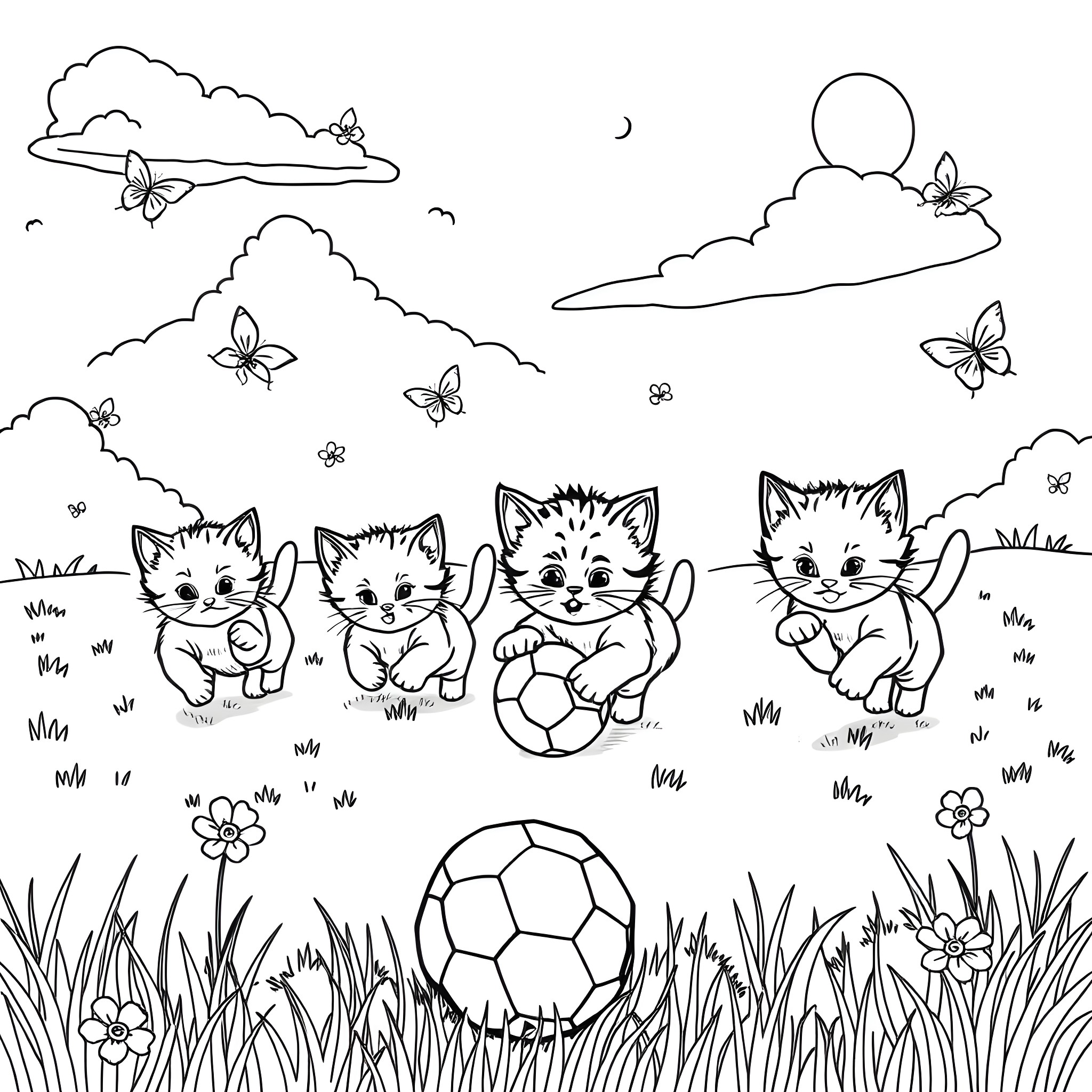 Kittens playing with soccer ball in nature Coloring Page (free black-and-white line drawing printable PDF for all, from beginners to advanced learners, including children, teens, adults, and seniors)