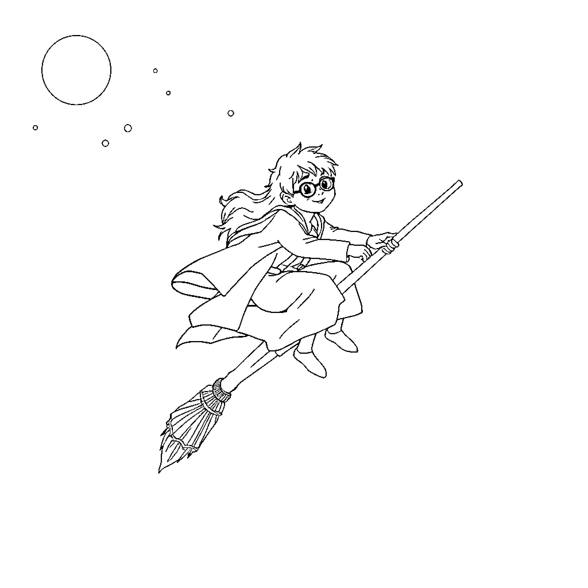 Broomstick witch flying with magical orbs Coloring Page (free black-and-white line drawing printable PDF for all, from beginners to advanced learners, including children, teens, adults, and seniors)