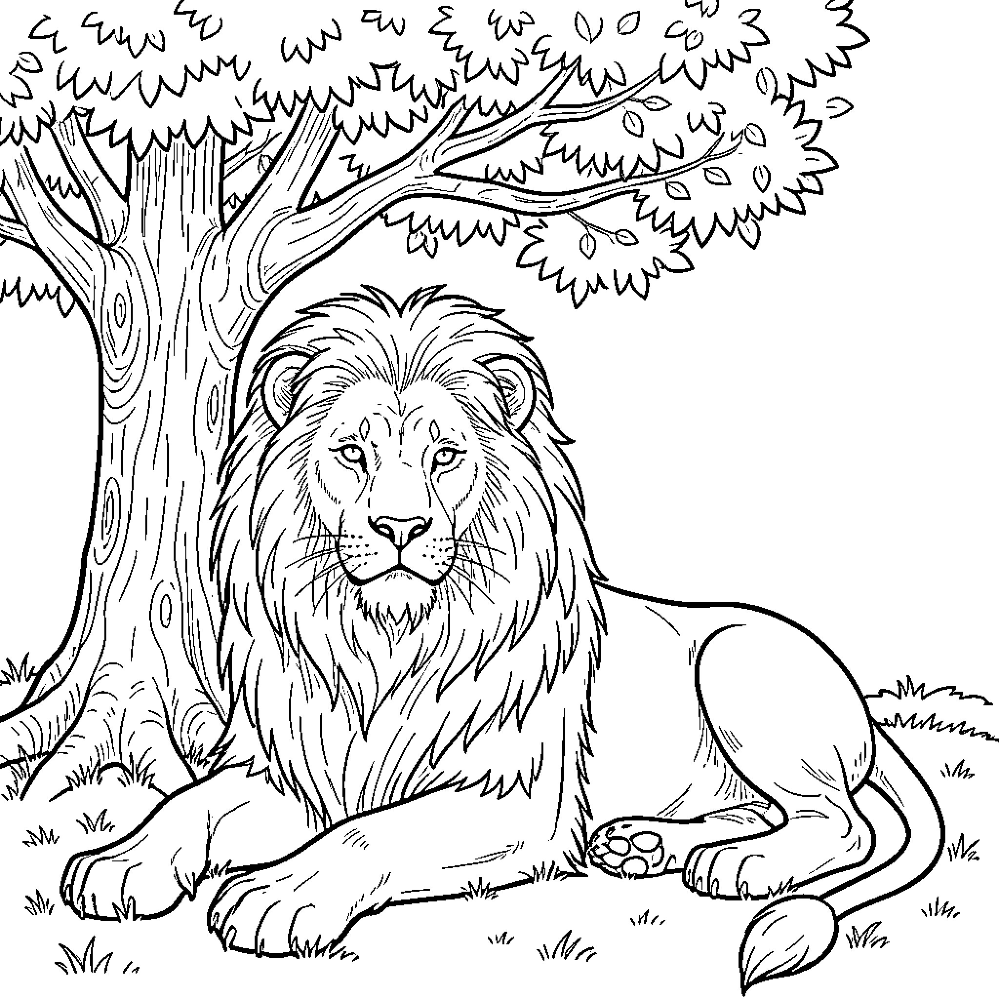 Lion resting calmly under a tree Coloring Page (free black-and-white line drawing printable PDF for all, from beginners to advanced learners, including children, teens, adults, and seniors)