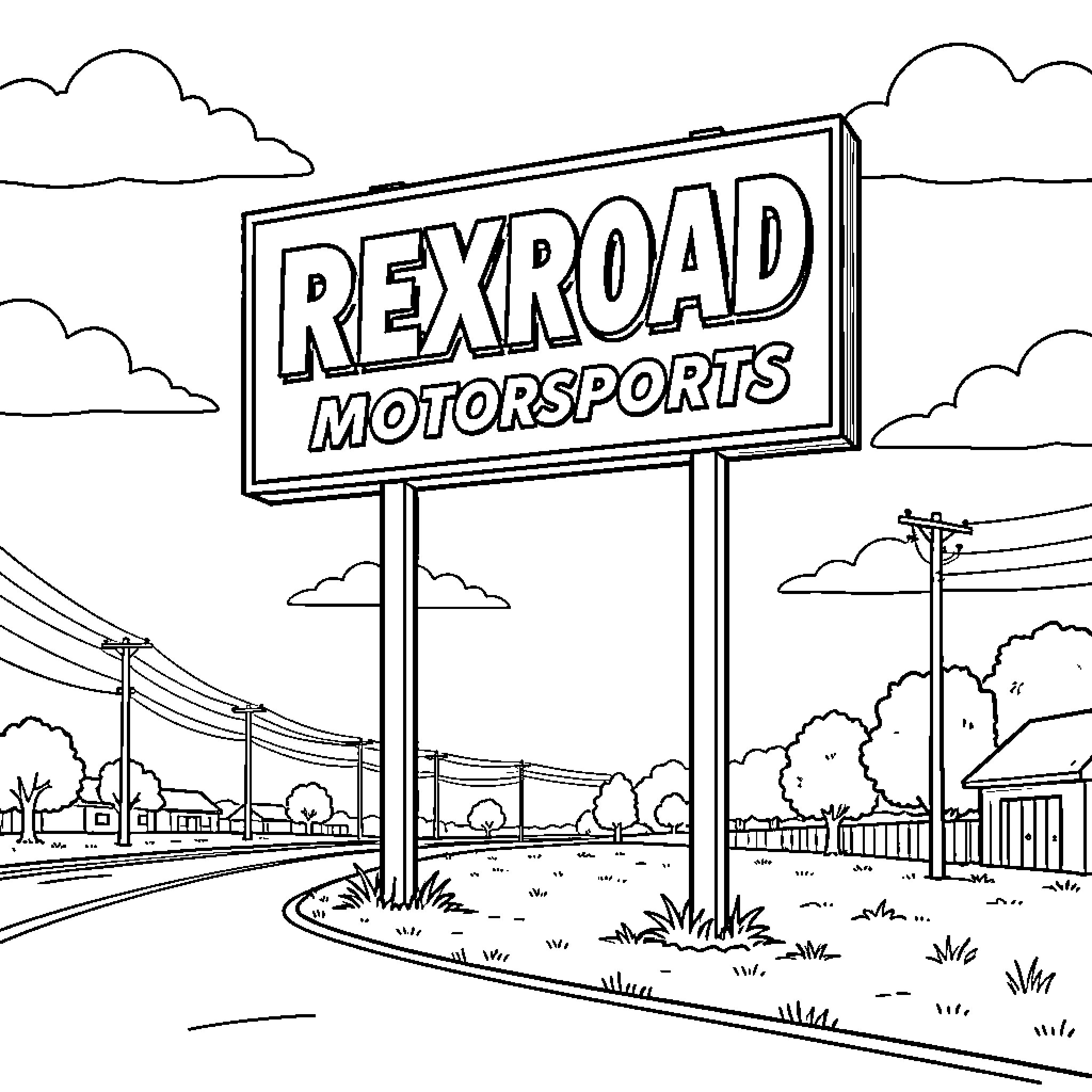 Rexroad Motorsports sign standing along a roadside Coloring Page (free black-and-white line drawing printable PDF for all, from beginners to advanced learners, including children, teens, adults, and seniors)