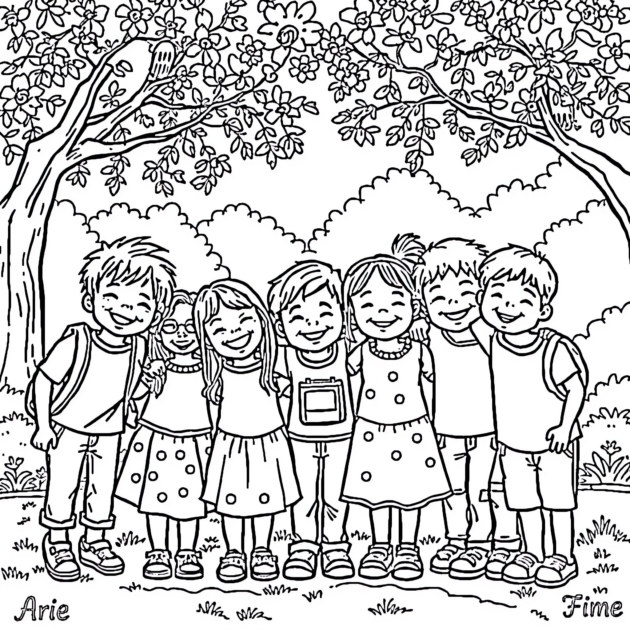 Kid friends having fun together in nature Coloring Page (free black-and-white line drawing printable PDF for all, from beginners to advanced learners, including children, teens, adults, and seniors)