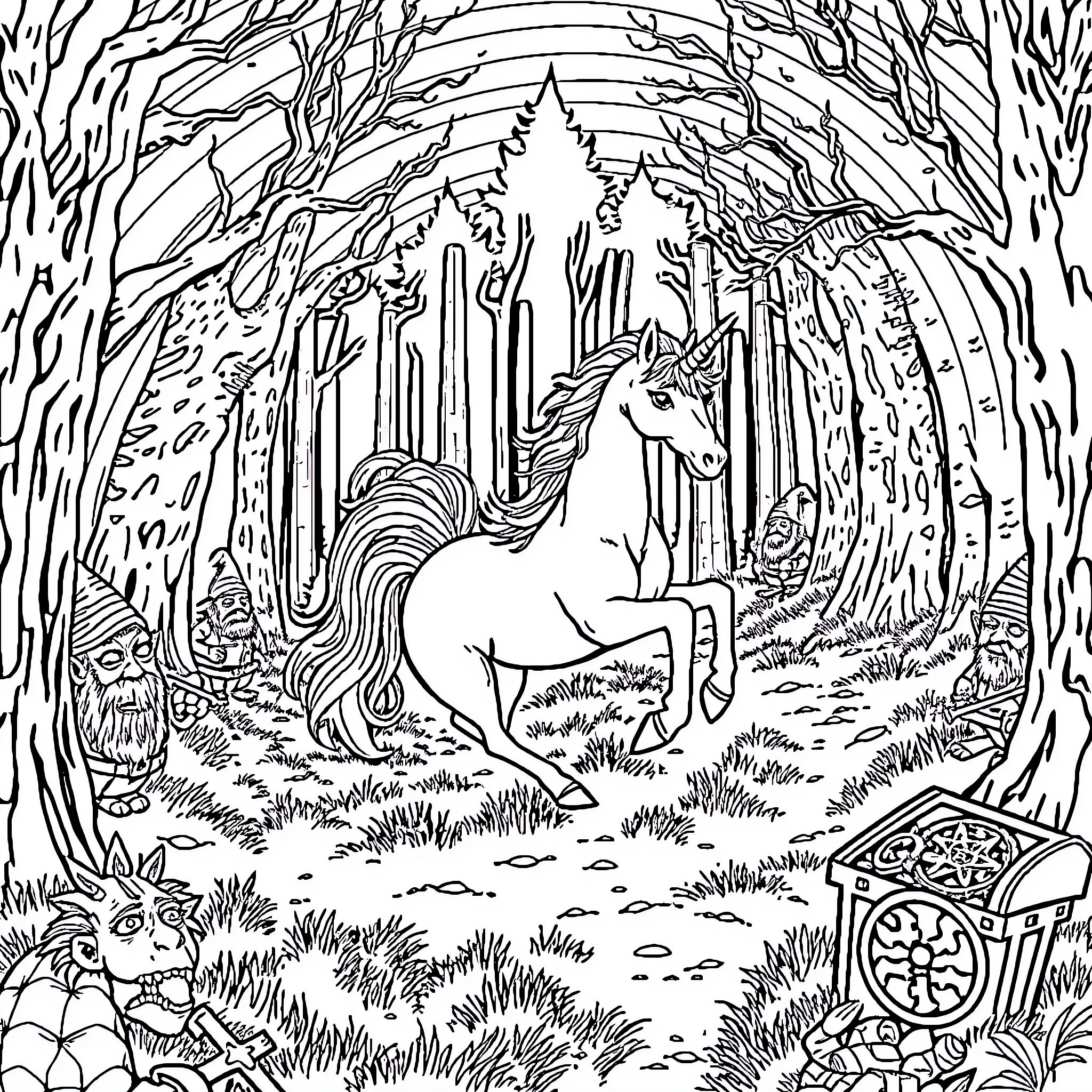 Unicorn in the Enchanted Forest Coloring Page (free black-and-white line drawing printable PDF for all, from beginners to advanced learners, including children, teens, adults, and seniors)