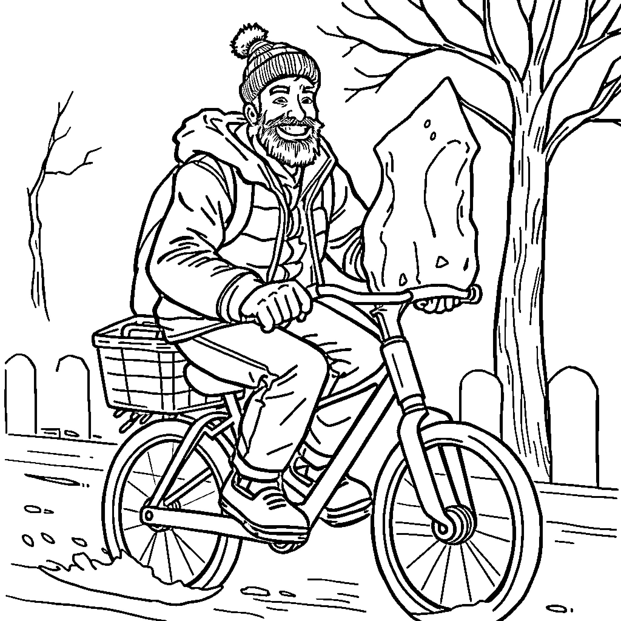 Basketteur riding bicycle on snowy path Coloring Page (free black-and-white line drawing printable PDF for all, from beginners to advanced learners, including children, teens, adults, and seniors)