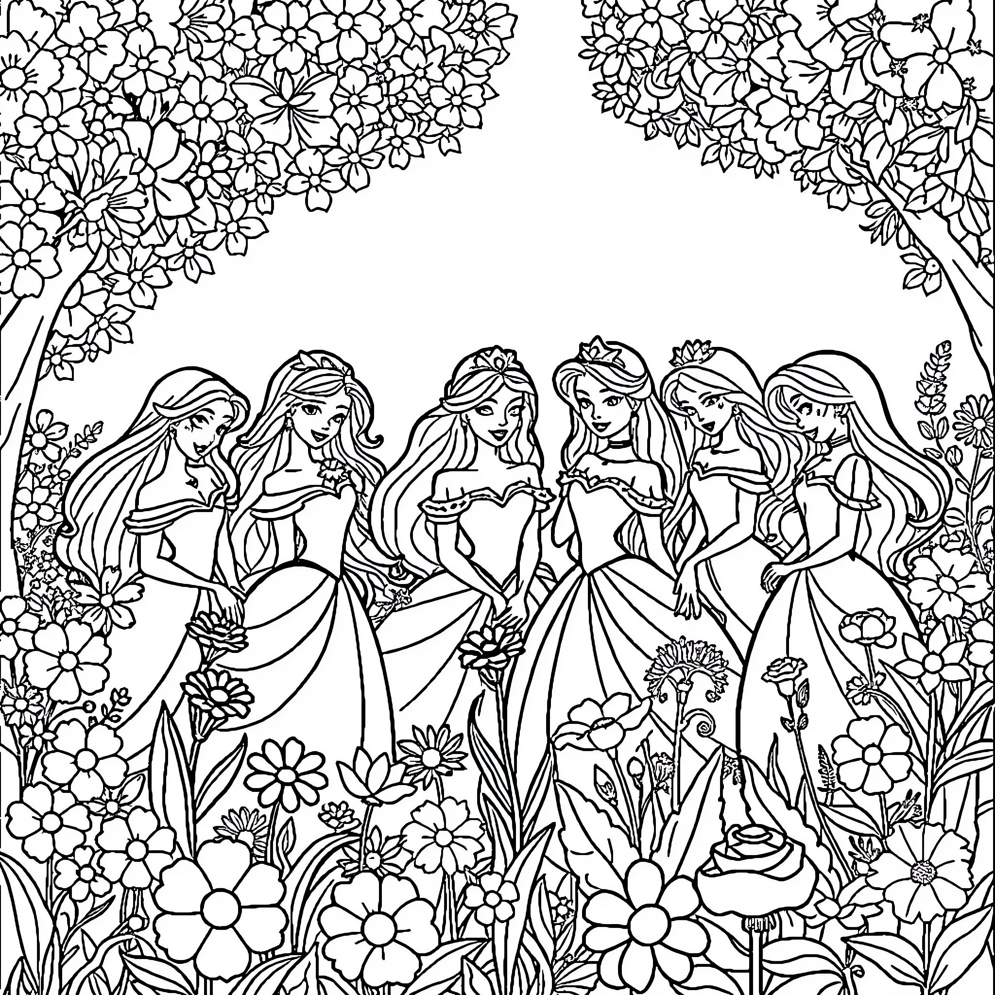 Princess Princesses gather amidst enchanting flora Coloring Page (free black-and-white line drawing printable PDF for all, from beginners to advanced learners, including children, teens, adults, and seniors)