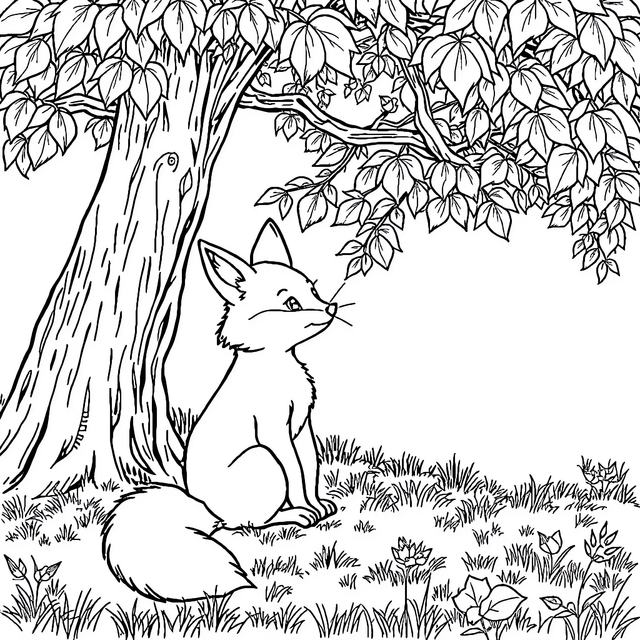 Fox exploring the lush forest landscape Coloring Page (free black-and-white line drawing printable PDF for all, from beginners to advanced learners, including children, teens, adults, and seniors)