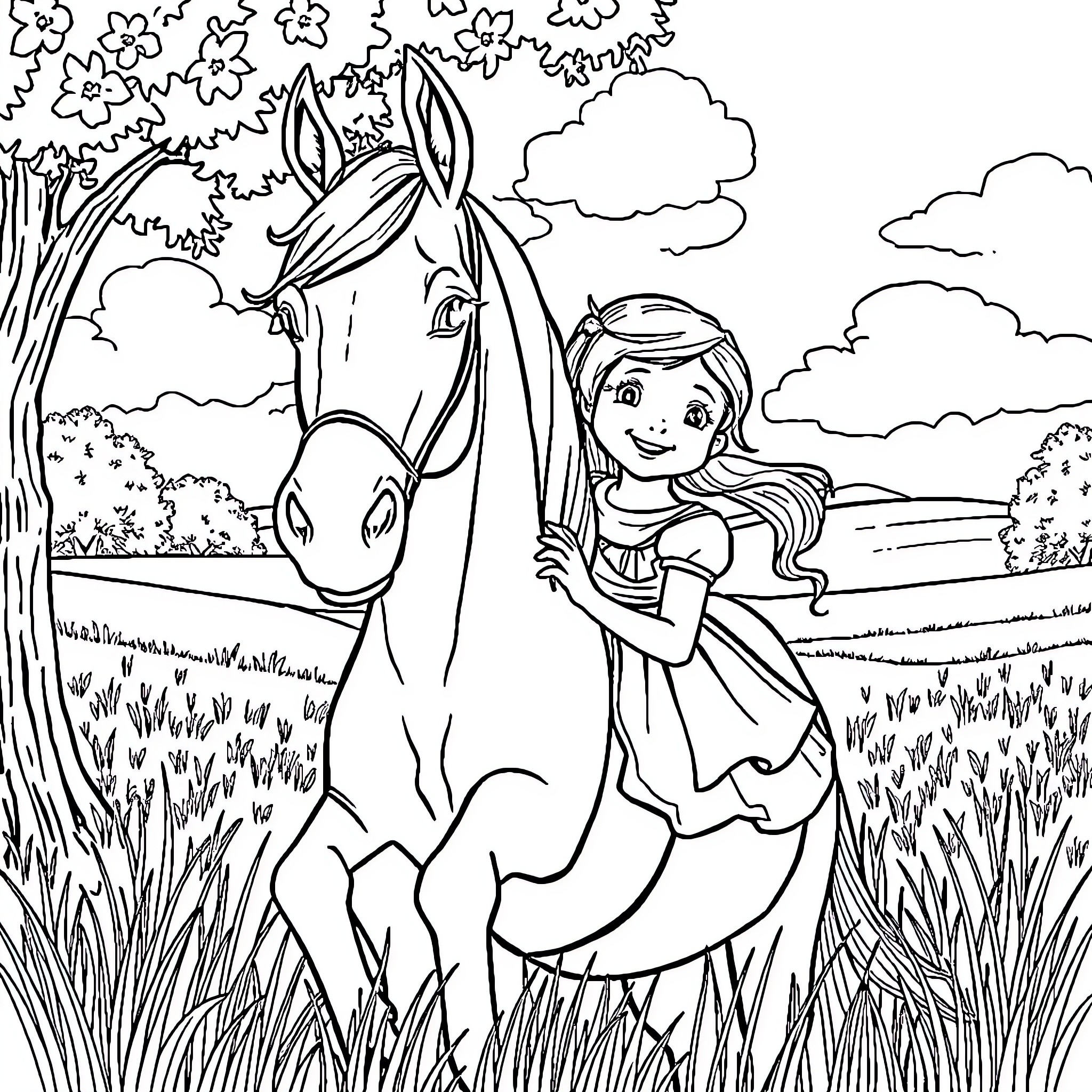 Horse and Girl Enjoying the Outdoors Coloring Page (free black-and-white line drawing printable PDF for all, from beginners to advanced learners, including children, teens, adults, and seniors)