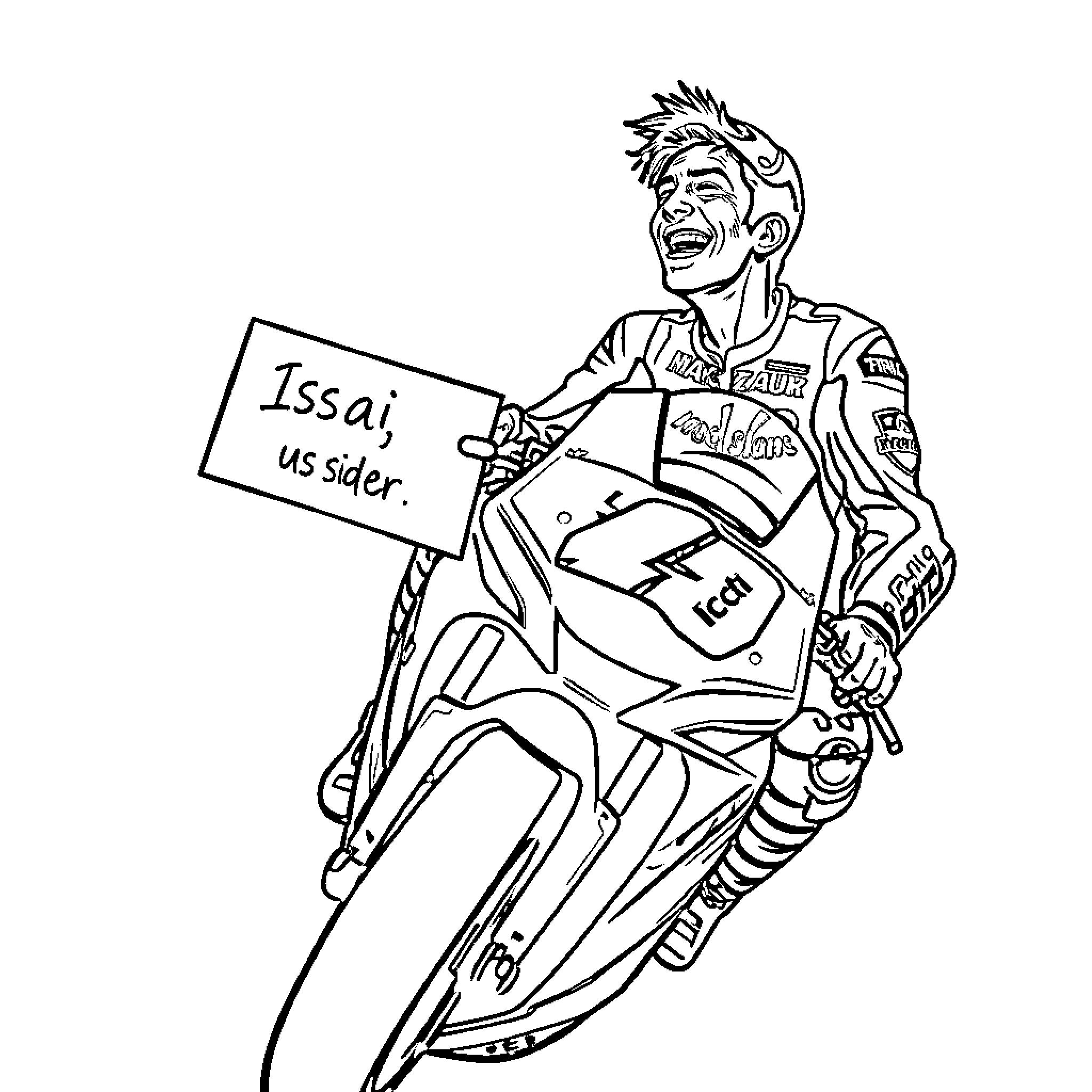 Marc Marquez riding motorcycle with playful expression Coloring Page (free black-and-white line drawing printable PDF for all, from beginners to advanced learners, including children, teens, adults, and seniors)