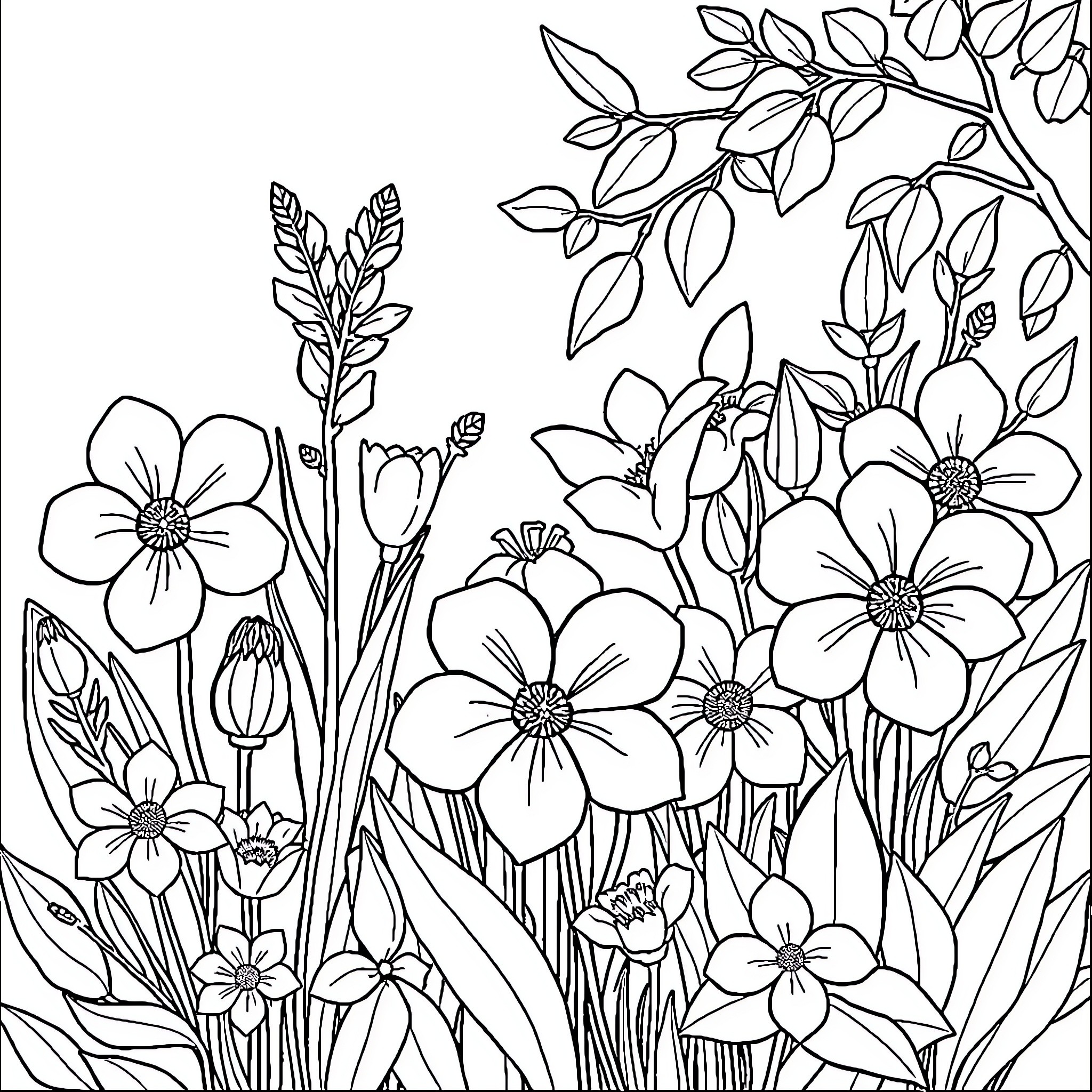 Spring floral garden with blossoming flowers Coloring Page (free black-and-white line drawing printable PDF for all, from beginners to advanced learners, including children, teens, adults, and seniors)