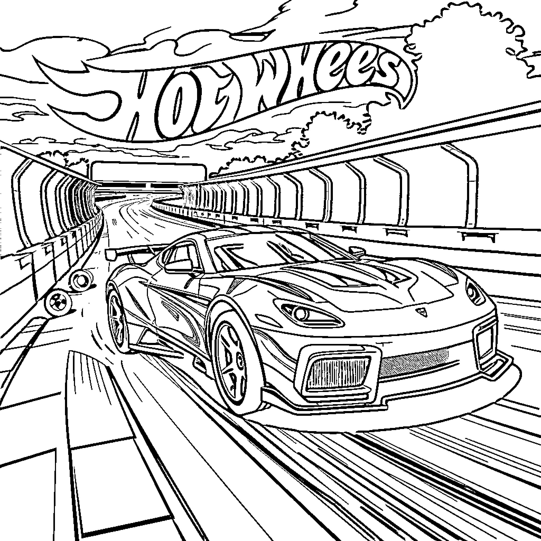 Hot Wheel car racing through a tunnel Coloring Page (free black-and-white line drawing printable PDF for all, from beginners to advanced learners, including children, teens, adults, and seniors)