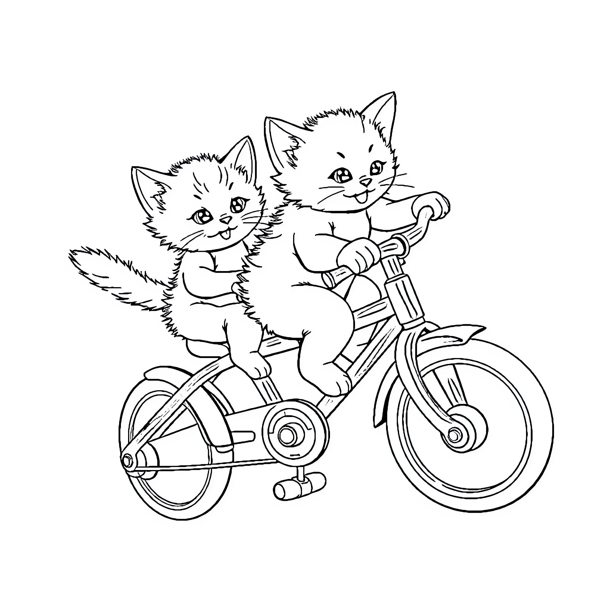 Kitten siblings riding a bicycle together Coloring Page (free black-and-white line drawing printable PDF for all, from beginners to advanced learners, including children, teens, adults, and seniors)