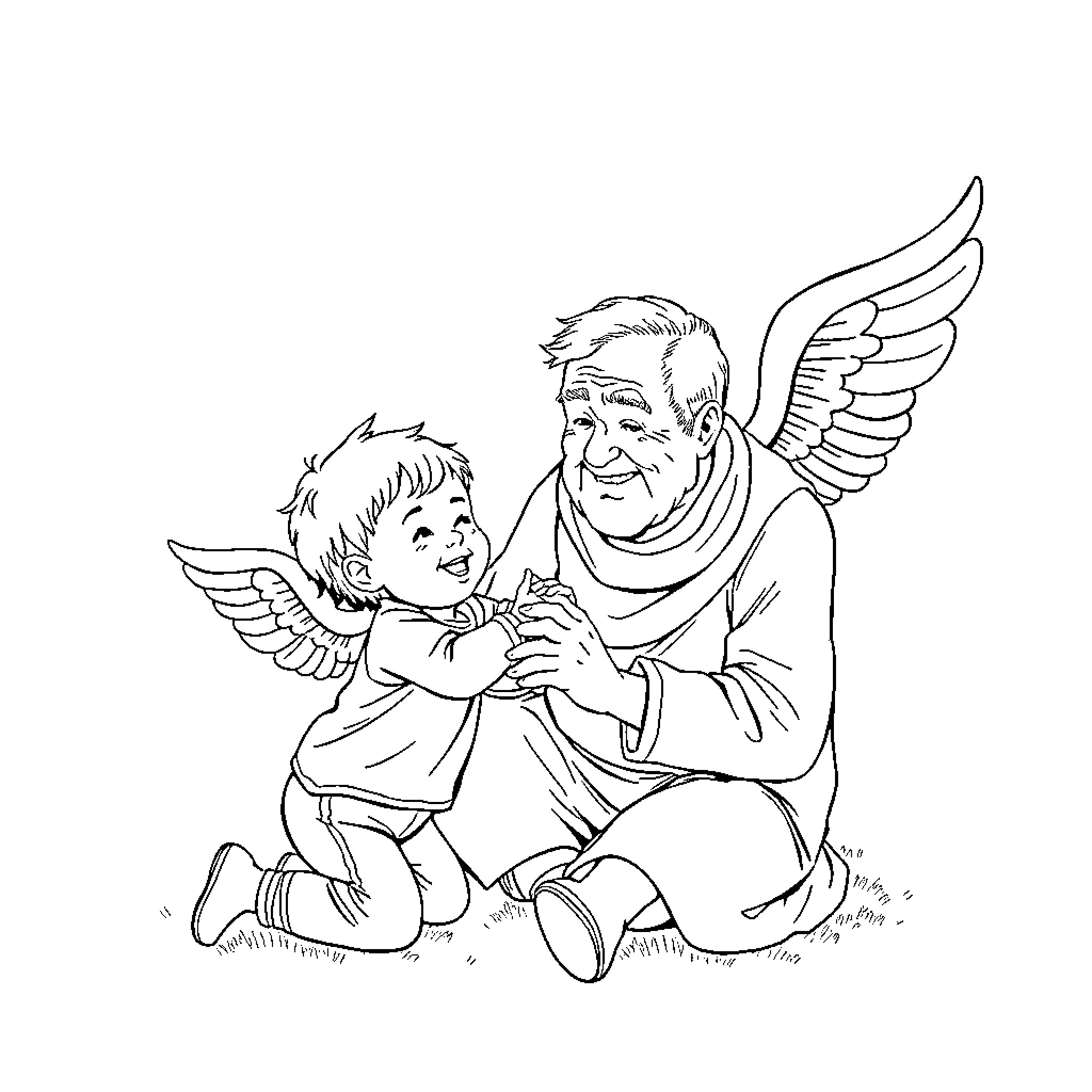 Angel comforting and caring for a child Coloring Page (free black-and-white line drawing printable PDF for all, from beginners to advanced learners, including children, teens, adults, and seniors)