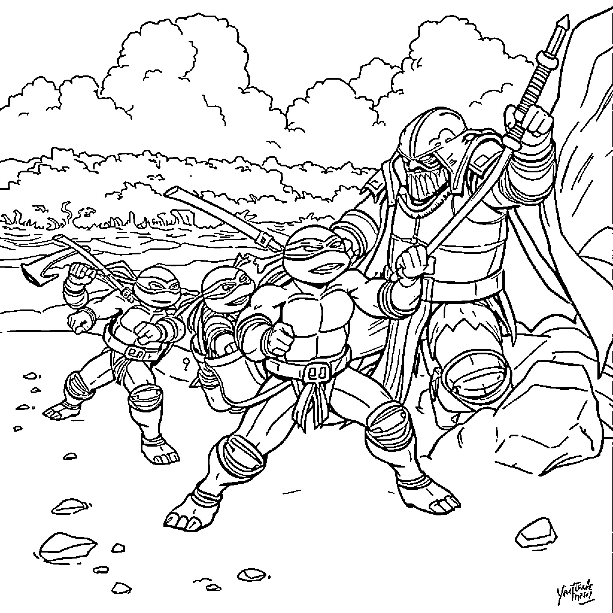Turtle warriors engaging in a battle against a foe Coloring Page (free black-and-white line drawing printable PDF for all, from beginners to advanced learners, including children, teens, adults, and seniors)