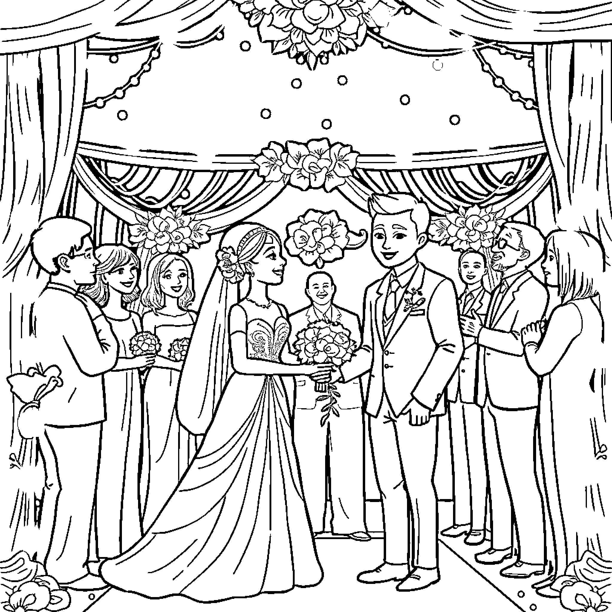 Didi's Elegant Wedding Ceremony Coloring Page (free black-and-white line drawing printable PDF for all, from beginners to advanced learners, including children, teens, adults, and seniors)