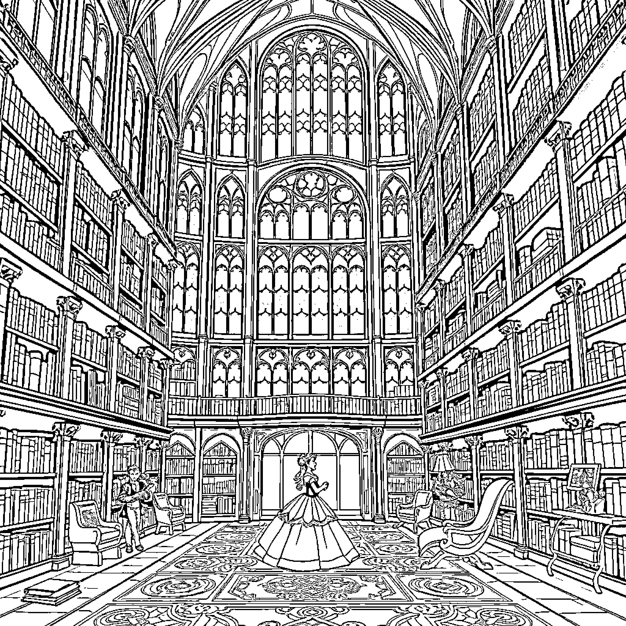 Library with Ornate Gothic Architecture and Patrons Coloring Page (free black-and-white line drawing printable PDF for all, from beginners to advanced learners, including children, teens, adults, and seniors)