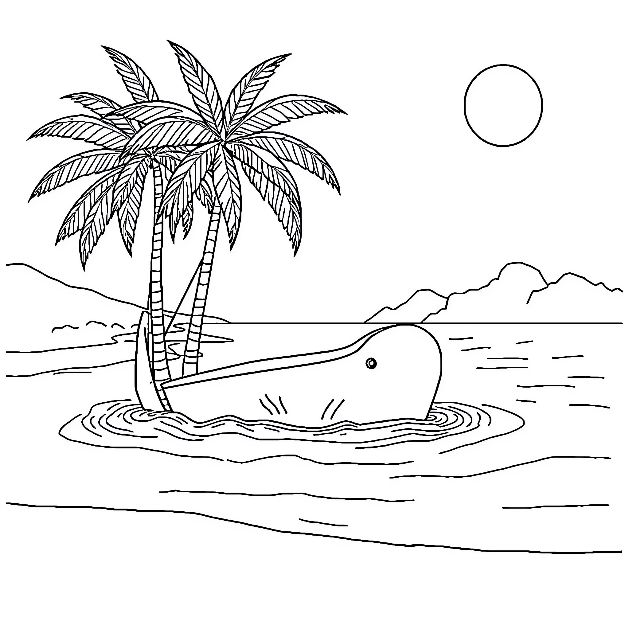 Barco sailing through tropical waters Coloring Page (free black-and-white line drawing printable PDF for all, from beginners to advanced learners, including children, teens, adults, and seniors)