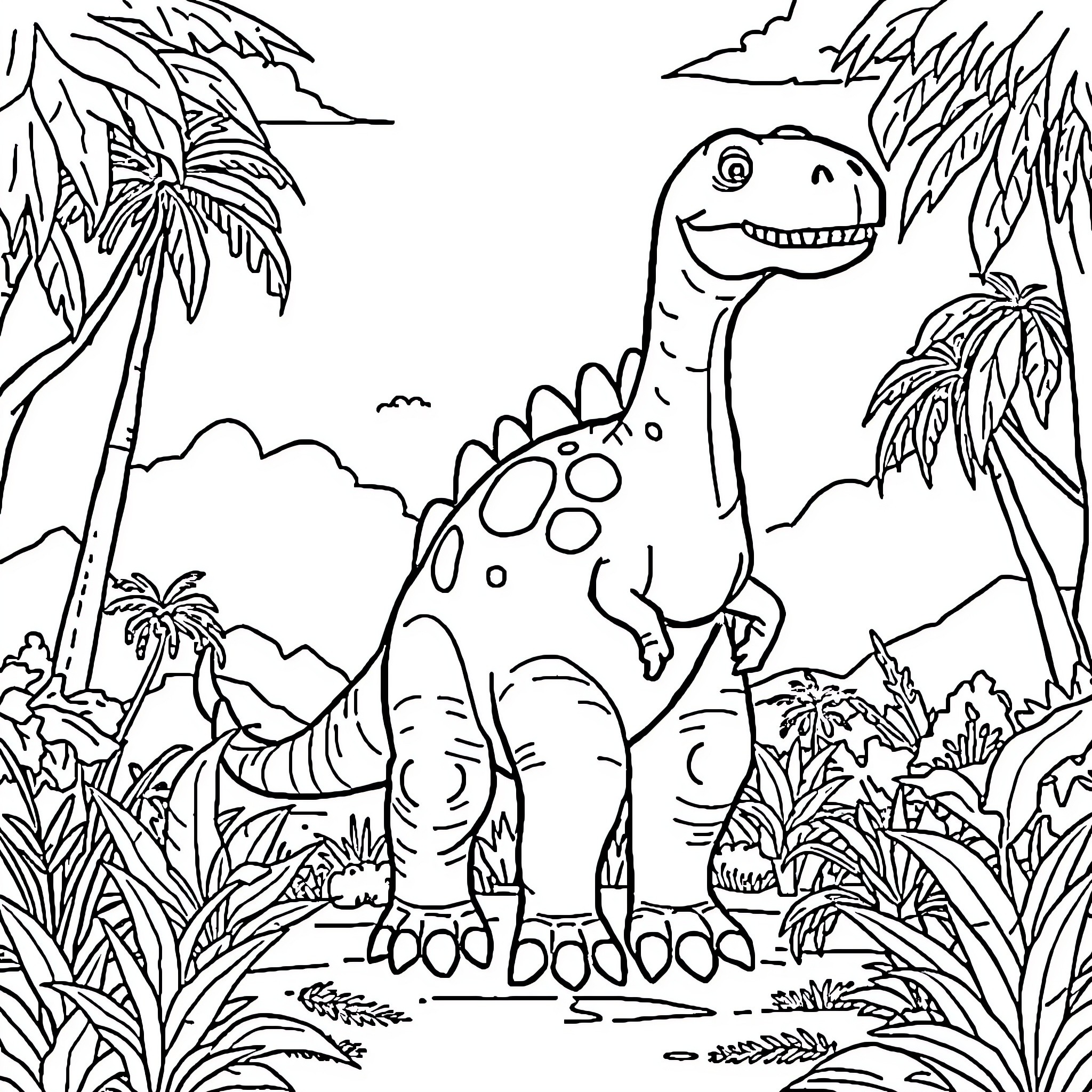 Dinosaur enjoying the tropical forest scenery Coloring Page (free black-and-white line drawing printable PDF for all, from beginners to advanced learners, including children, teens, adults, and seniors)