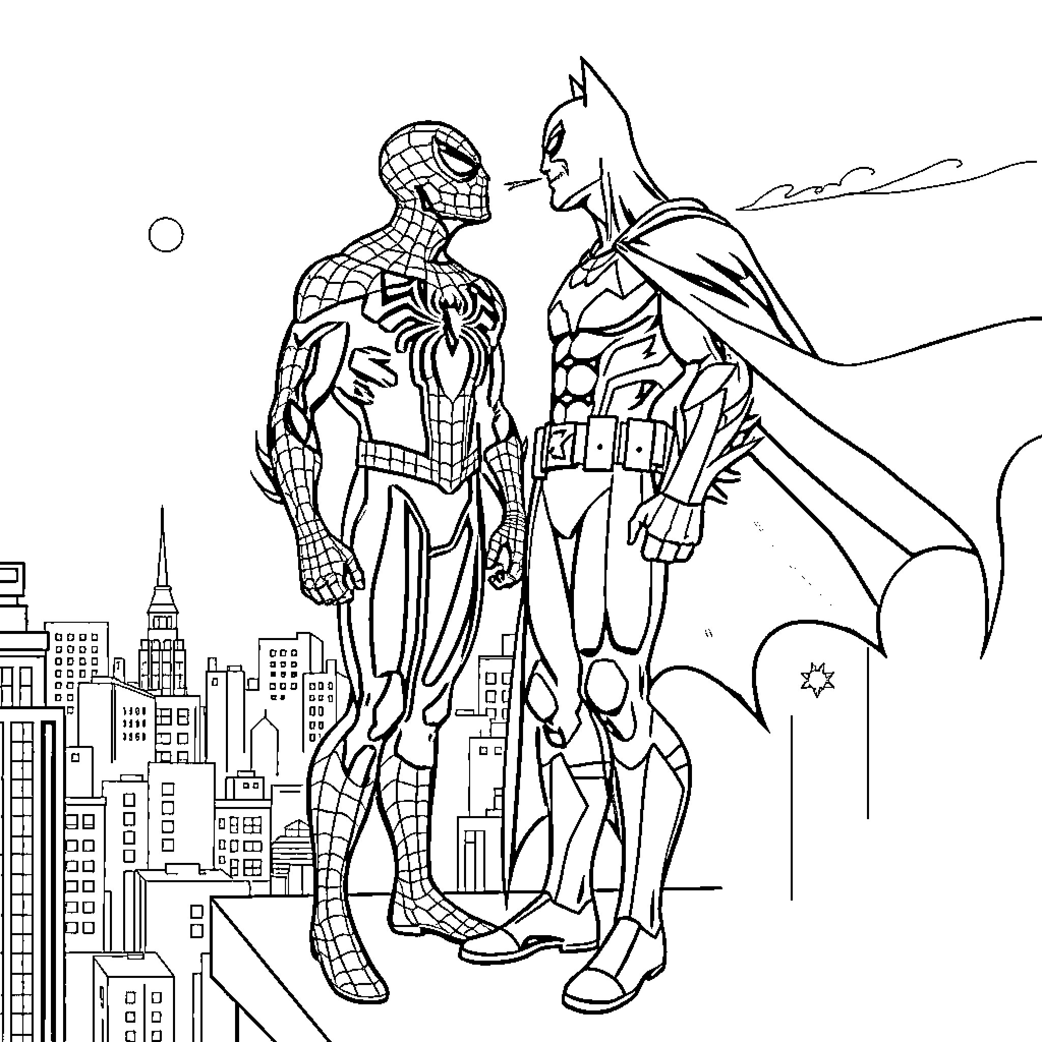 Spiderman and Batman facing off in the city Coloring Page (free black-and-white line drawing printable PDF for all, from beginners to advanced learners, including children, teens, adults, and seniors)