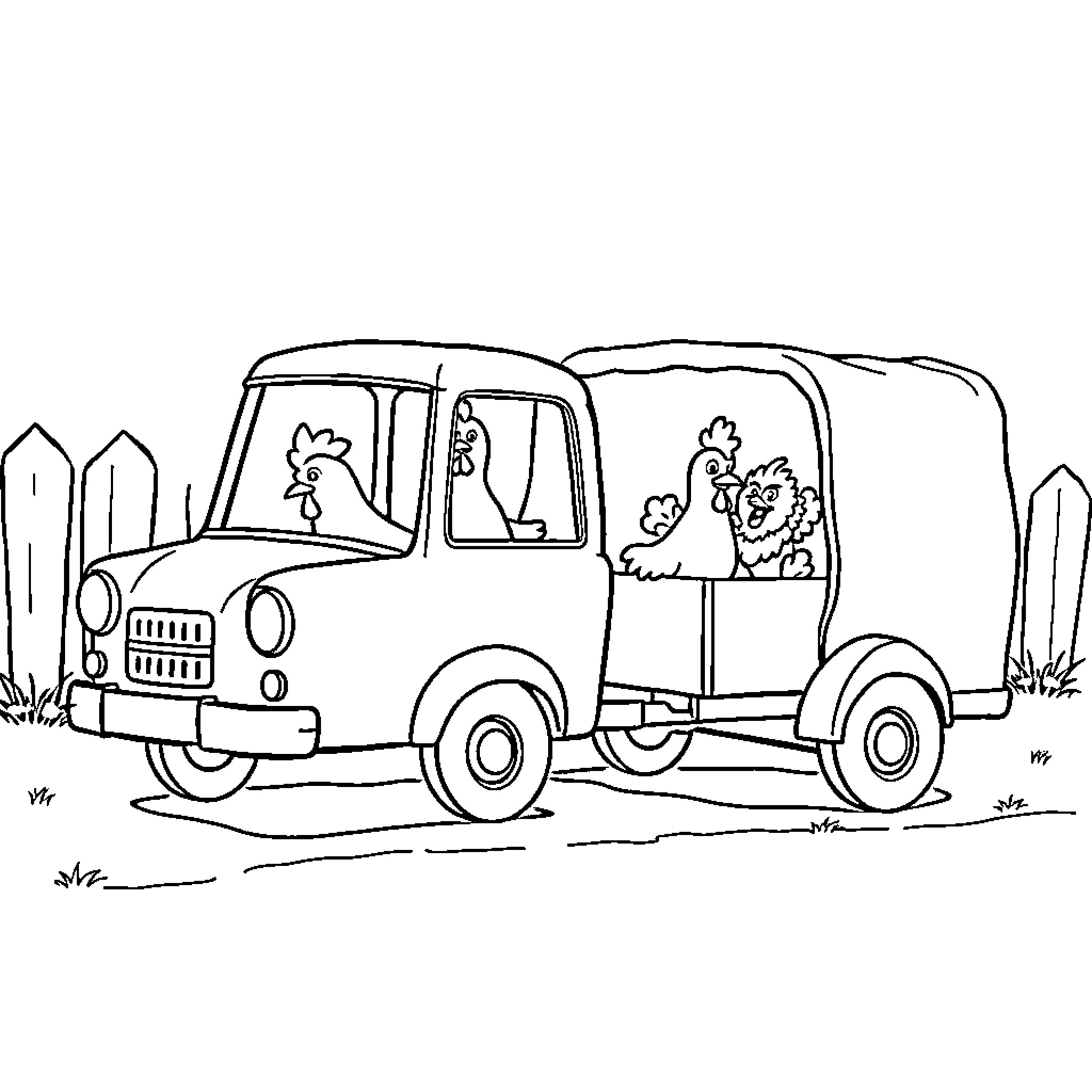 Car with amusing farm animals Coloring Page (free black-and-white line drawing printable PDF for all, from beginners to advanced learners, including children, teens, adults, and seniors)