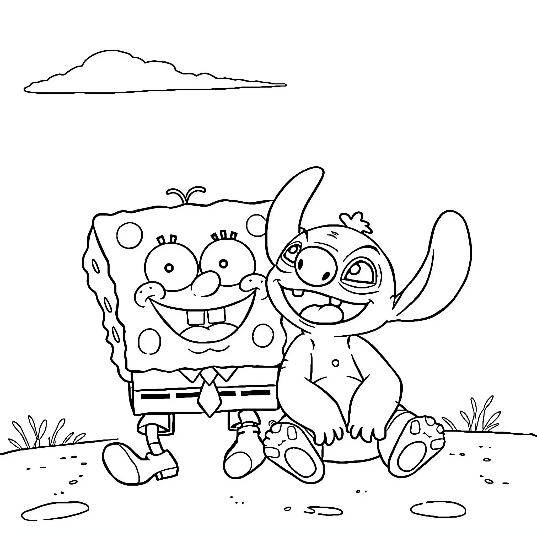 Spongebob and Stitch playing mischievously in the outdoors Coloring Page (free black-and-white line drawing printable PDF for all, from beginners to advanced learners, including children, teens, adults, and seniors)