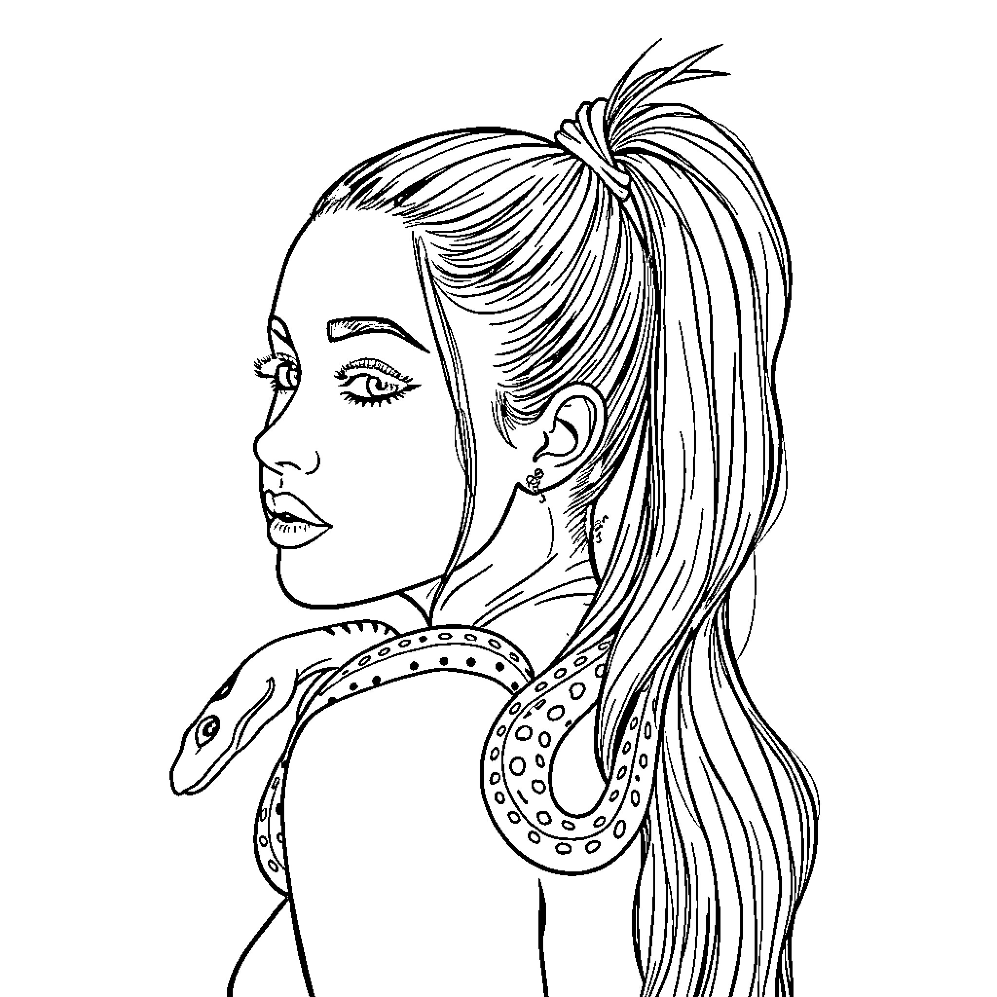 Ariana Grande in elegant hairstyle and jewelry Coloring Page (free black-and-white line drawing printable PDF for all, from beginners to advanced learners, including children, teens, adults, and seniors)
