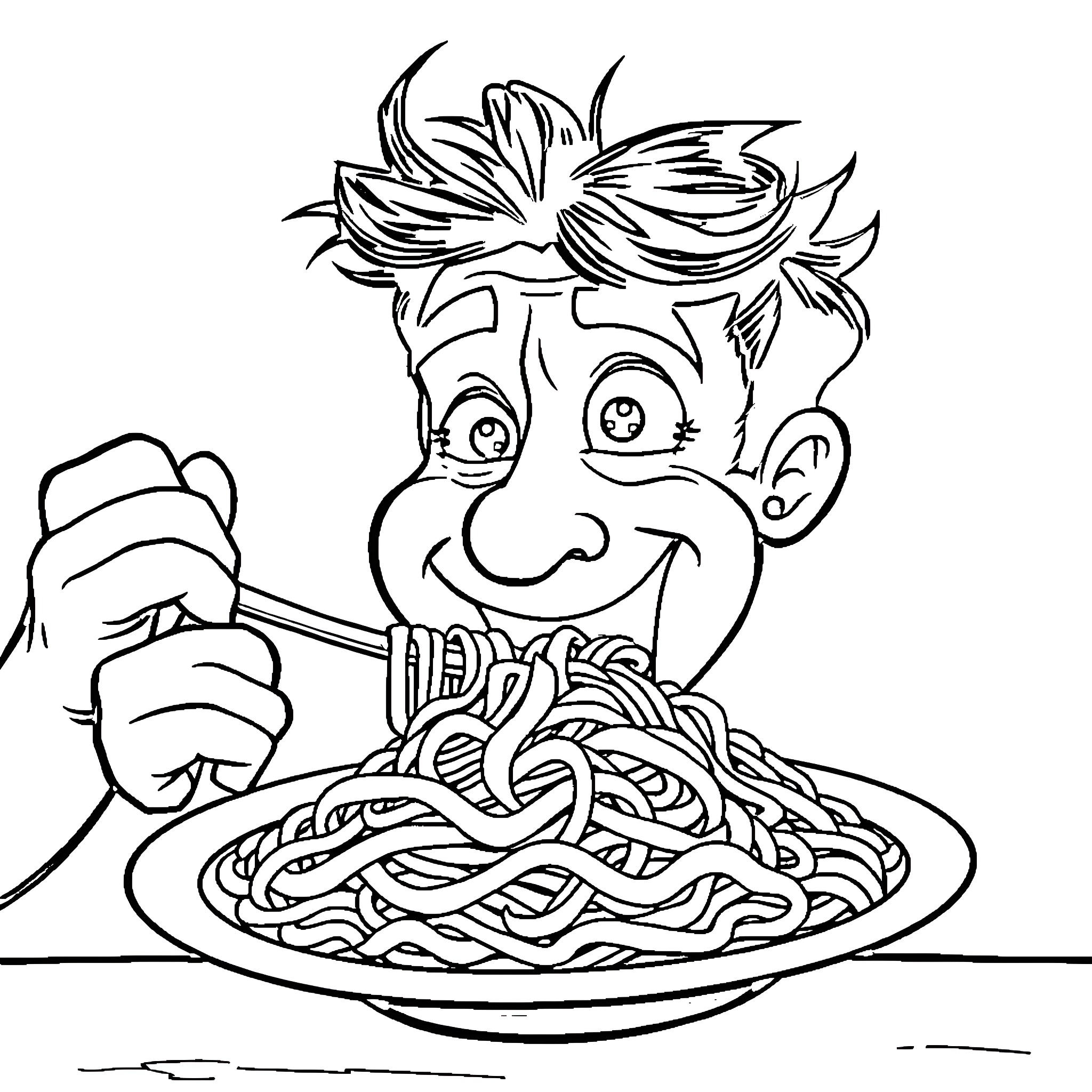 Poo Poo Man Happily Eating Spaghetti Coloring Page (free black-and-white line drawing printable PDF for all, from beginners to advanced learners, including children, teens, adults, and seniors)