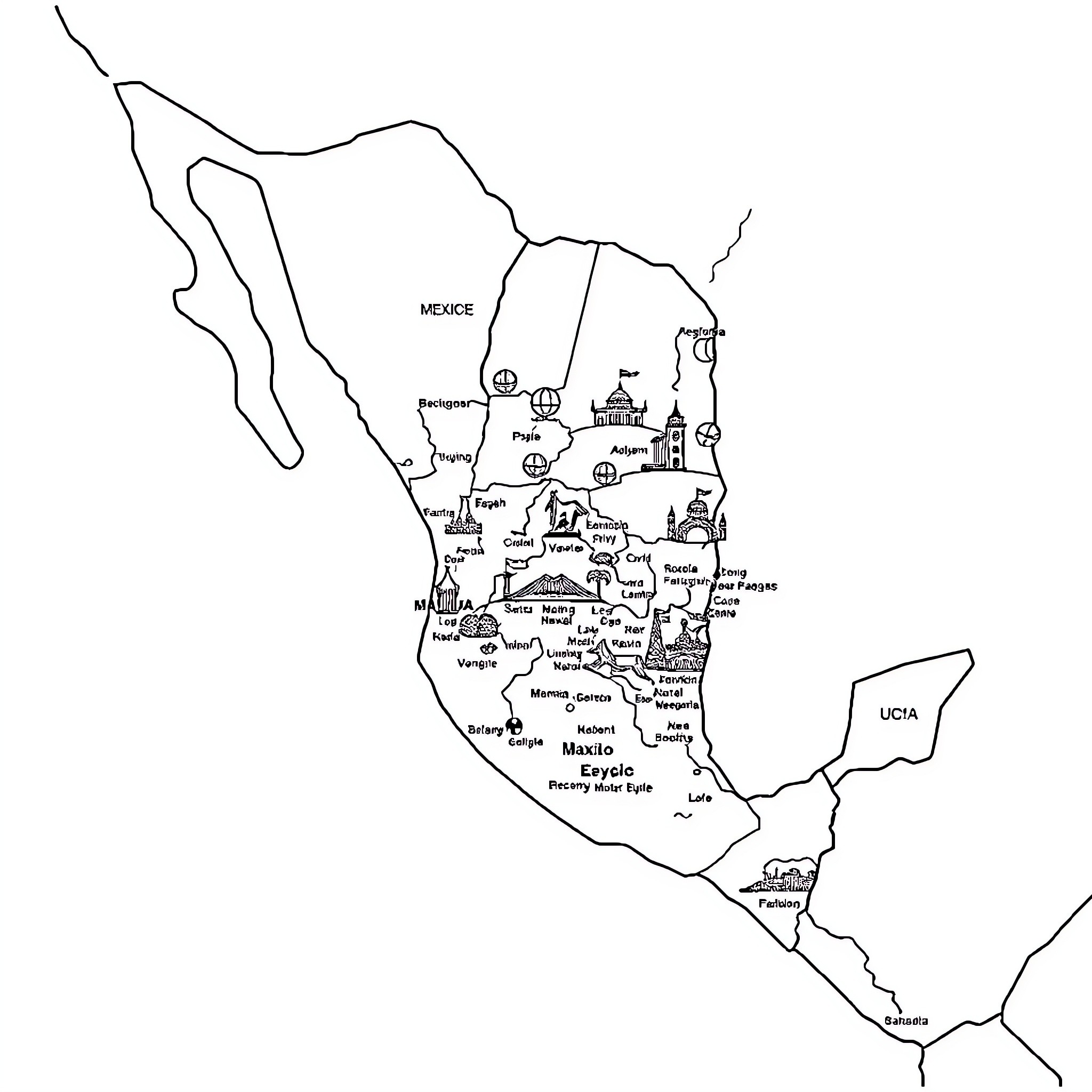 Mexico Map with Geographical Landmarks Coloring Page (free black-and-white line drawing printable PDF for all, from beginners to advanced learners, including children, teens, adults, and seniors)
