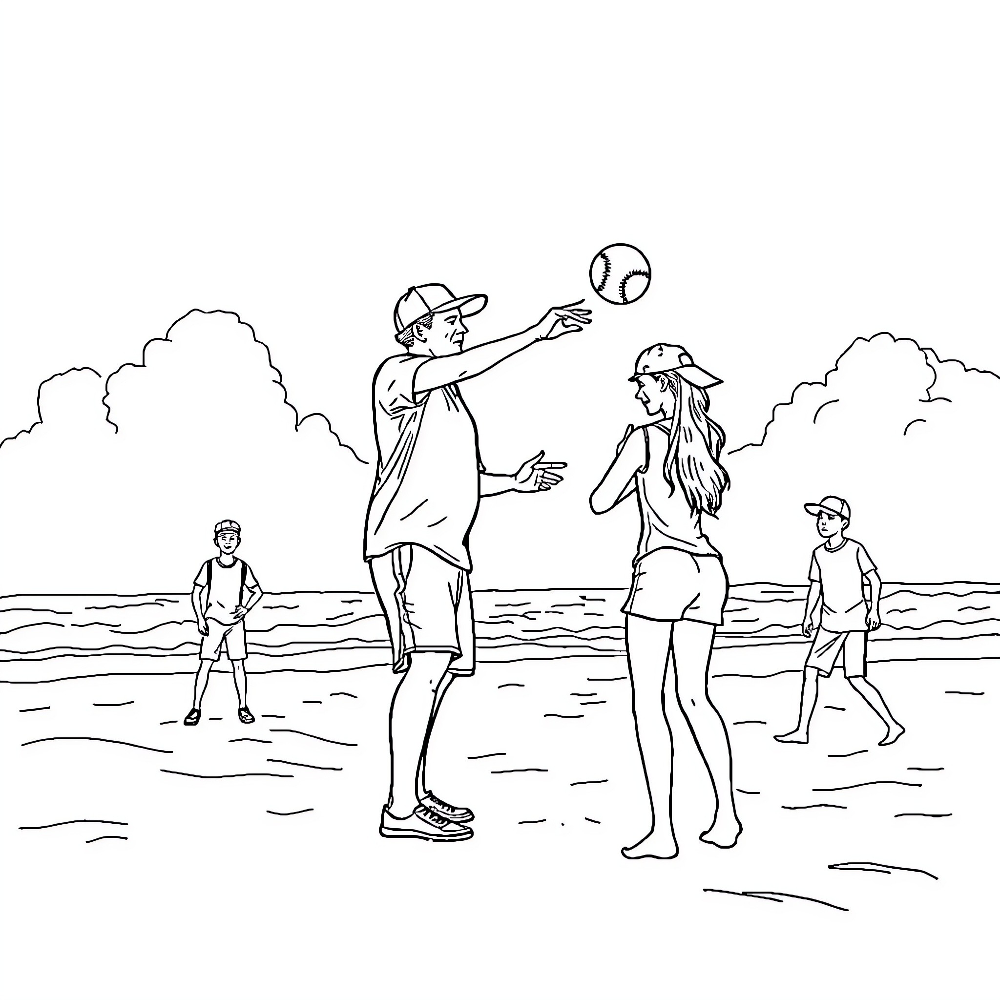Softball game on the beach Coloring Page (free black-and-white line drawing printable PDF for all, from beginners to advanced learners, including children, teens, adults, and seniors)
