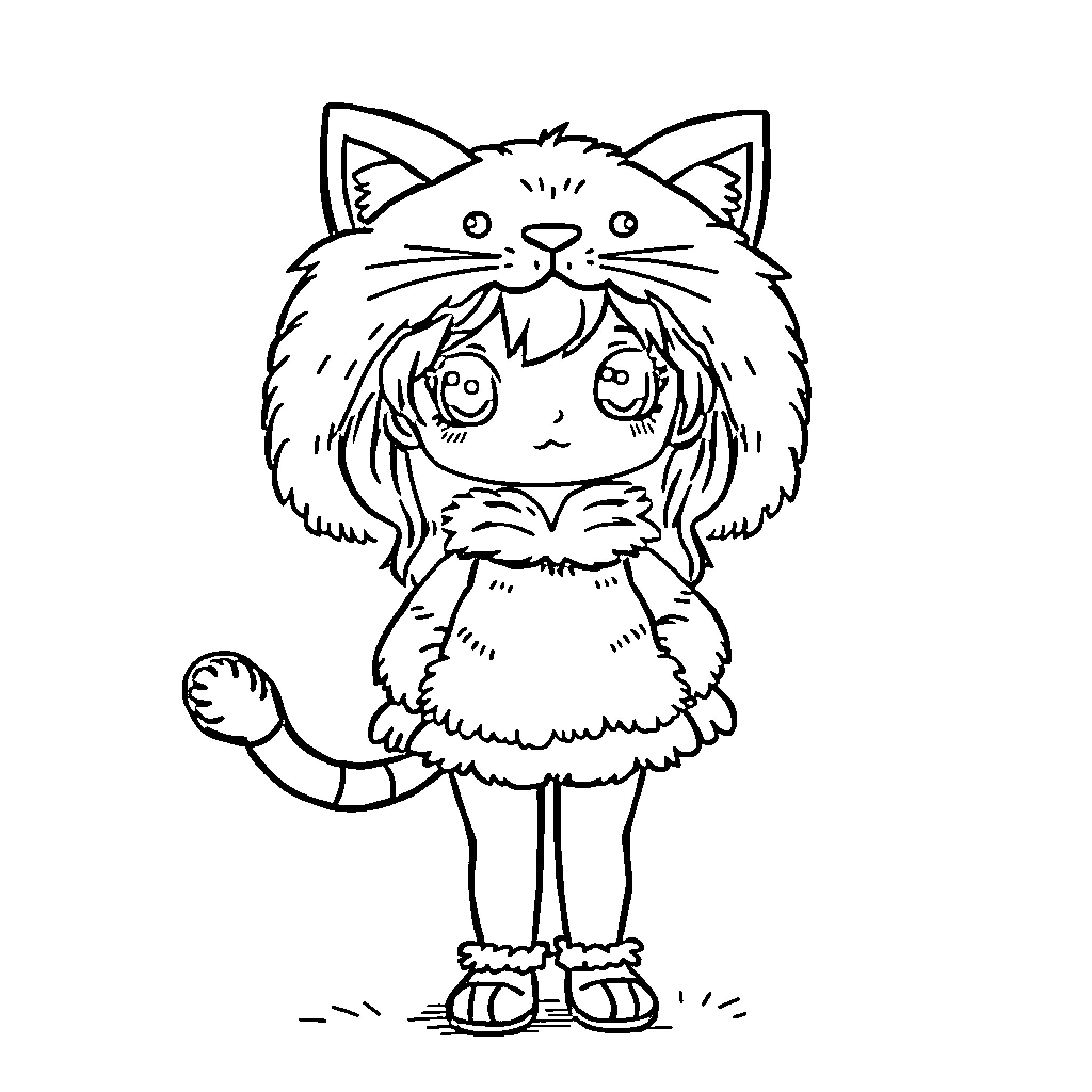 Girl in fluffy cat costume Coloring Page (free black-and-white line drawing printable PDF for all, from beginners to advanced learners, including children, teens, adults, and seniors)