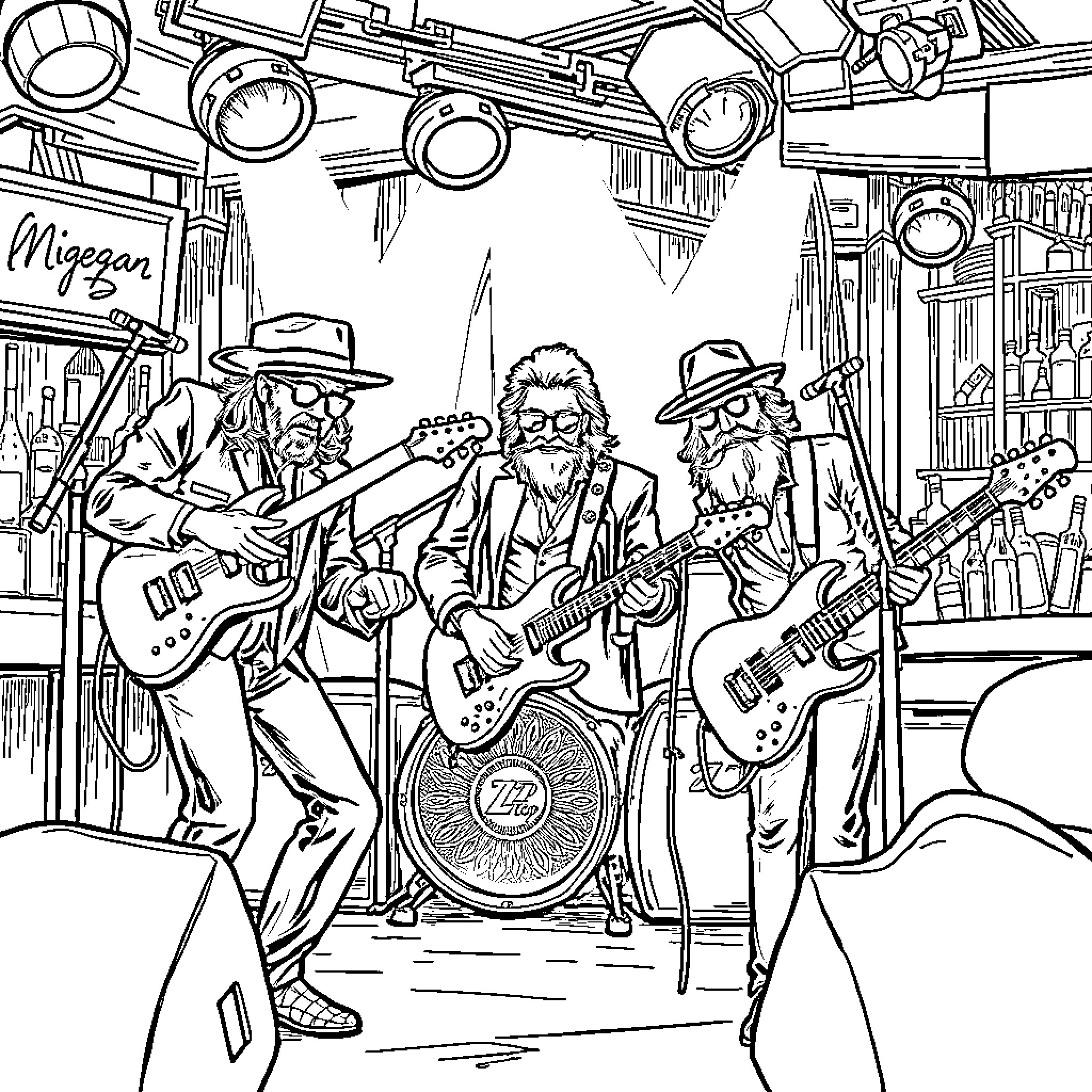 ZZ Top performing on stage with musical instruments Coloring Page (free black-and-white line drawing printable PDF for all, from beginners to advanced learners, including children, teens, adults, and seniors)
