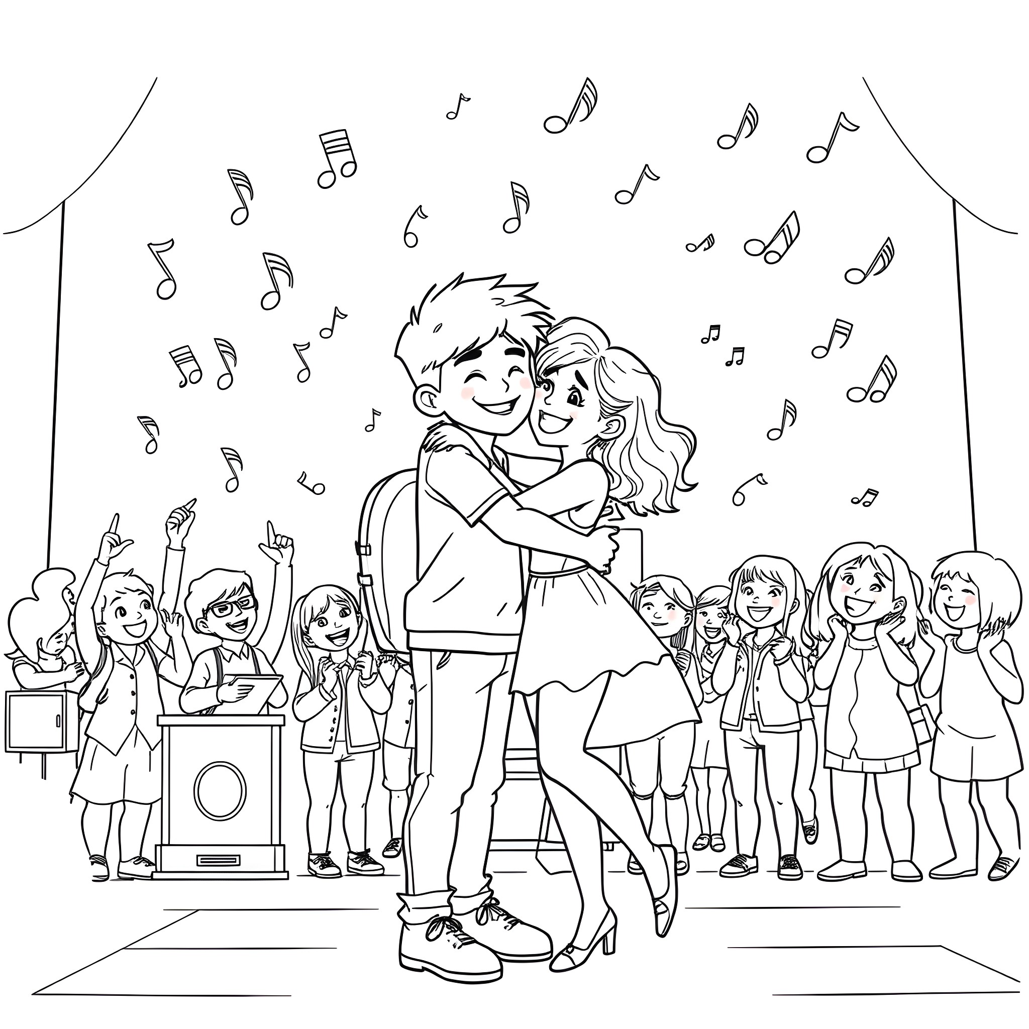 Troy and Gabriella performing on stage with friends Coloring Page (free black-and-white line drawing printable PDF for all, from beginners to advanced learners, including children, teens, adults, and seniors)