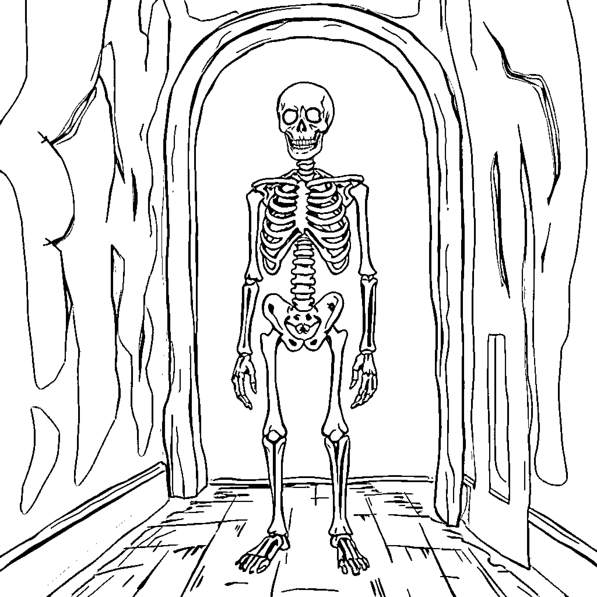 Skeleton standing within a cave-like entrance Coloring Page (free black-and-white line drawing printable PDF for all, from beginners to advanced learners, including children, teens, adults, and seniors)