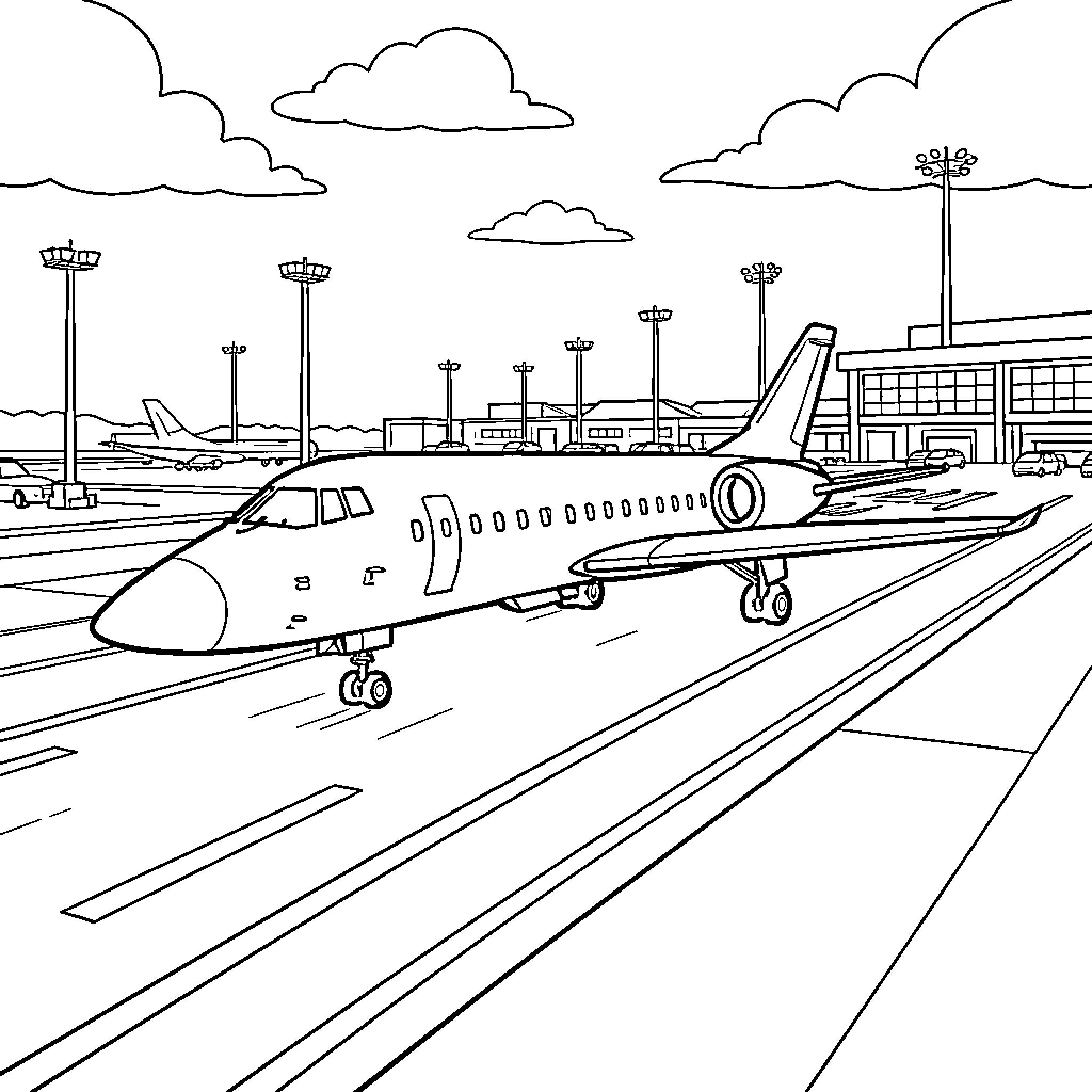 Concorde jet taxiing on an airport runway Coloring Page (free black-and-white line drawing printable PDF for all, from beginners to advanced learners, including children, teens, adults, and seniors)