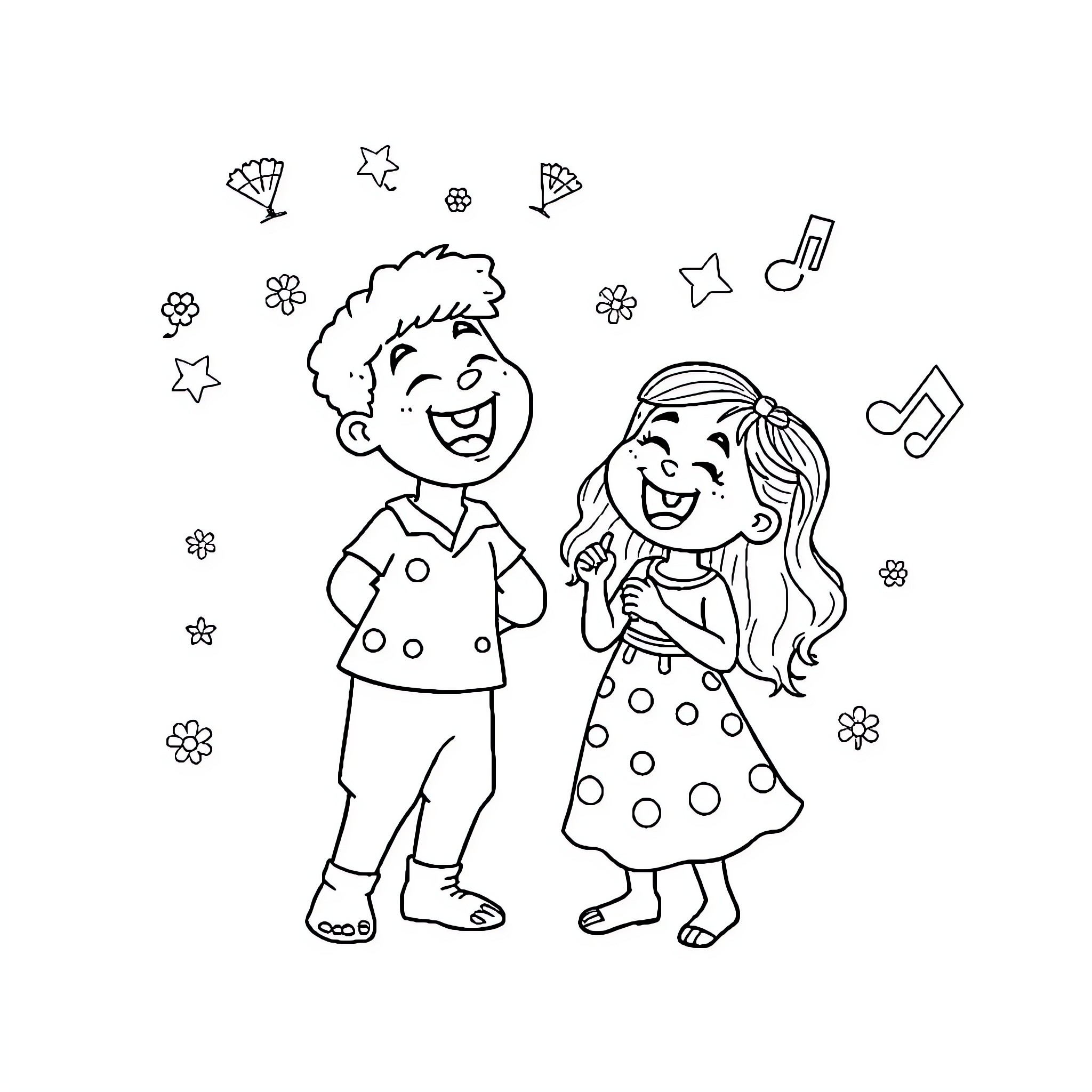 Tralalero Joyful Children Playing with Stars Coloring Page (free black-and-white line drawing printable PDF for all, from beginners to advanced learners, including children, teens, adults, and seniors)
