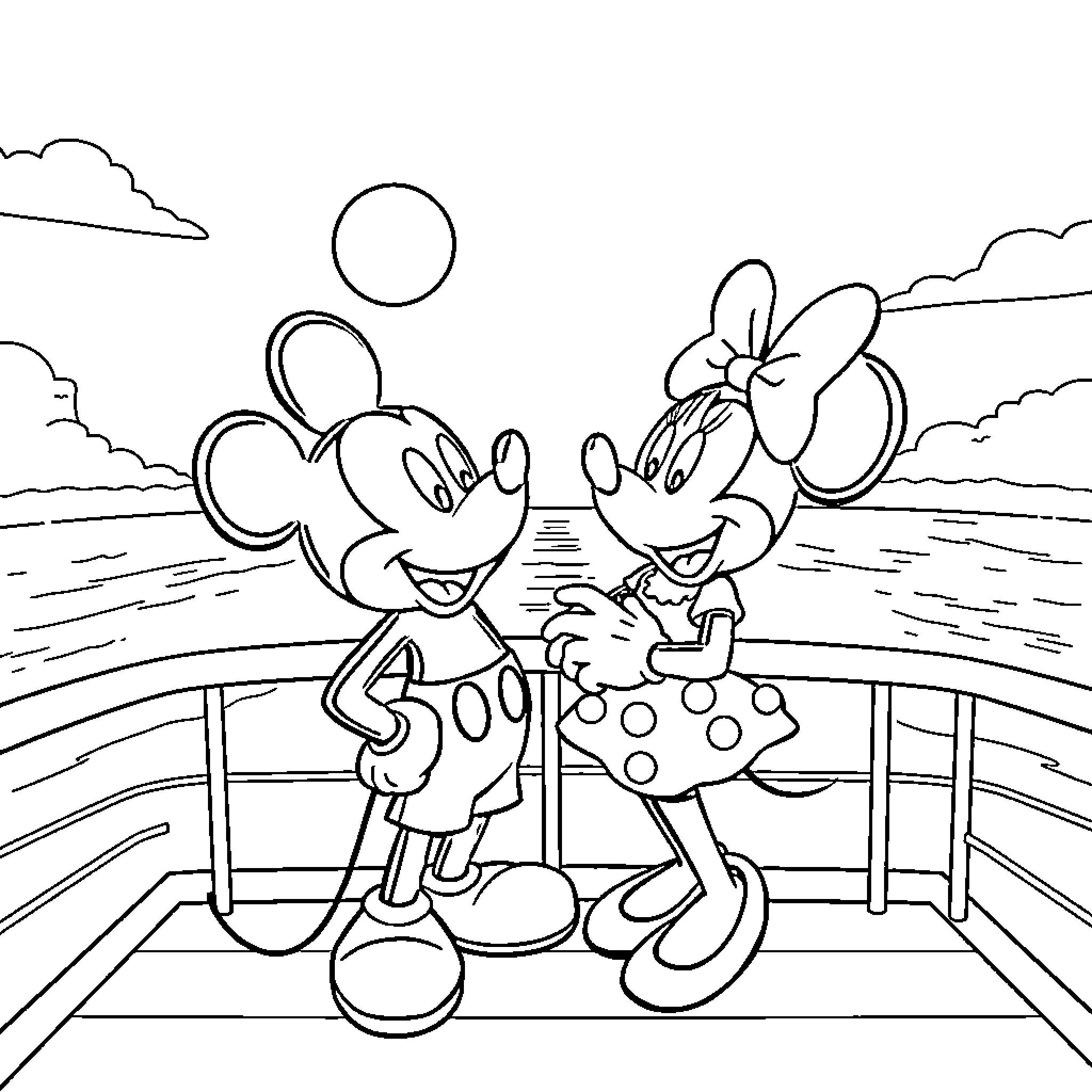Mickey and Minnie enjoying a day at the park Coloring Page (free black-and-white line drawing printable PDF for all, from beginners to advanced learners, including children, teens, adults, and seniors)
