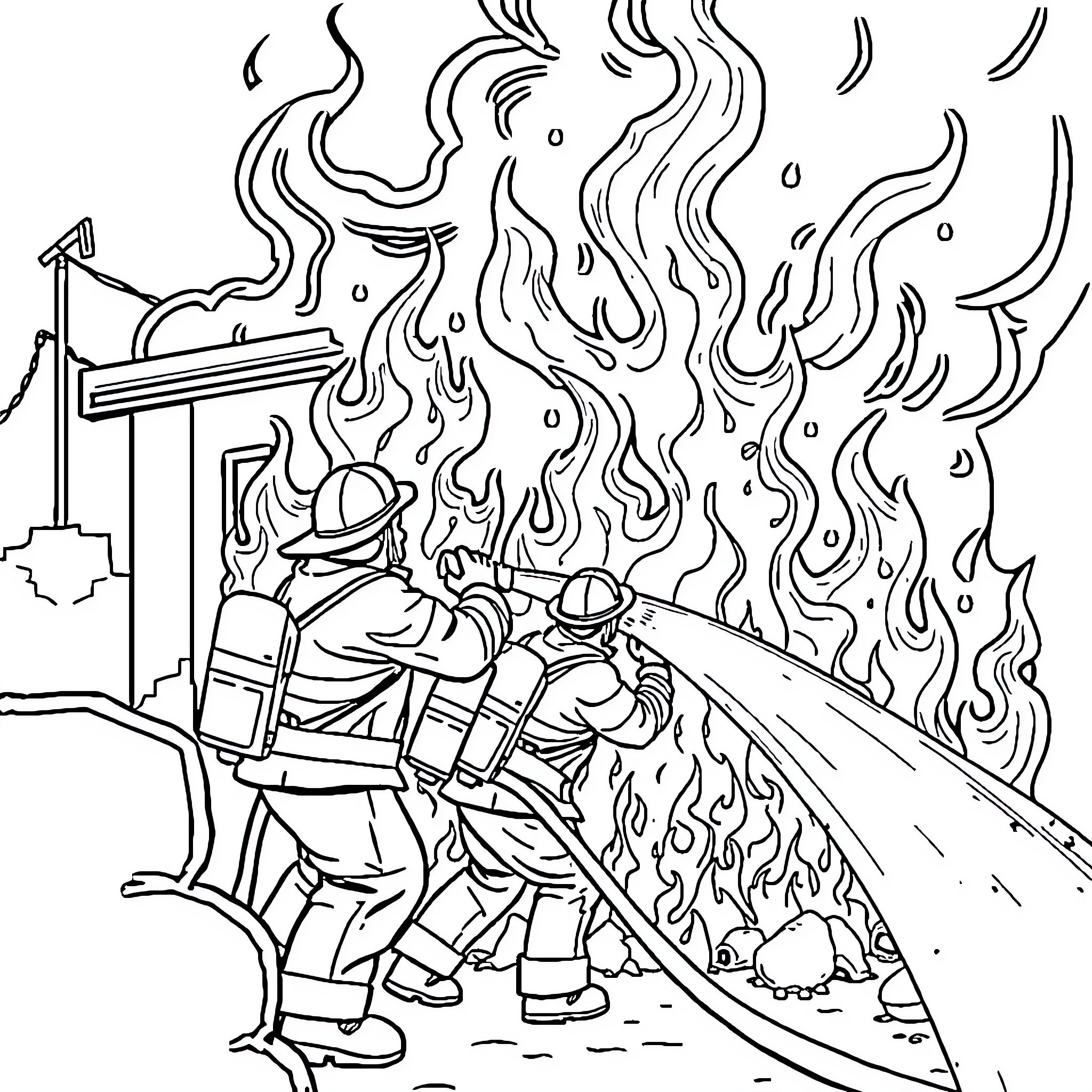 Firefighters battling a raging blaze in the city Coloring Page (free black-and-white line drawing printable PDF for all, from beginners to advanced learners, including children, teens, adults, and seniors)