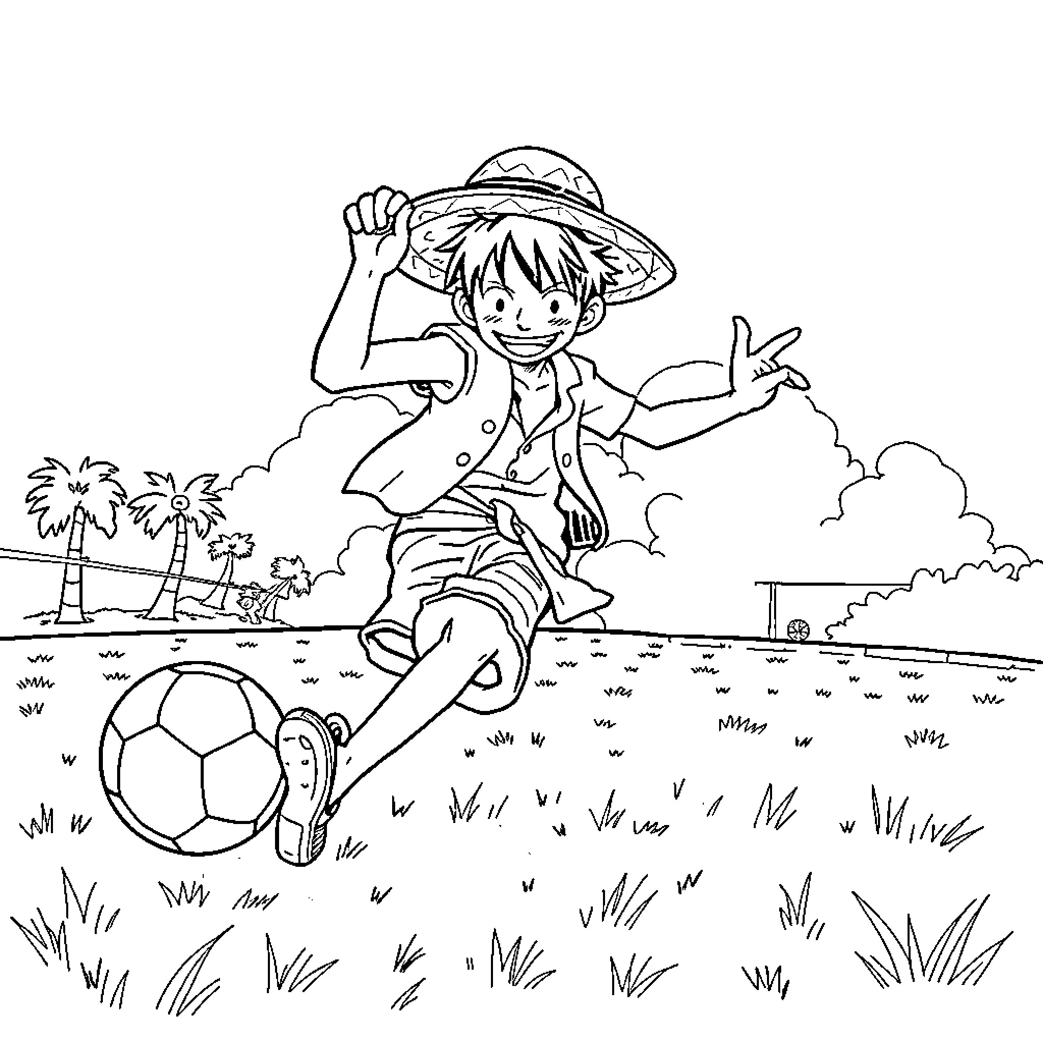 Monkey D Luffy playing soccer enthusiastically in the park Coloring Page (free black-and-white line drawing printable PDF for all, from beginners to advanced learners, including children, teens, adults, and seniors)