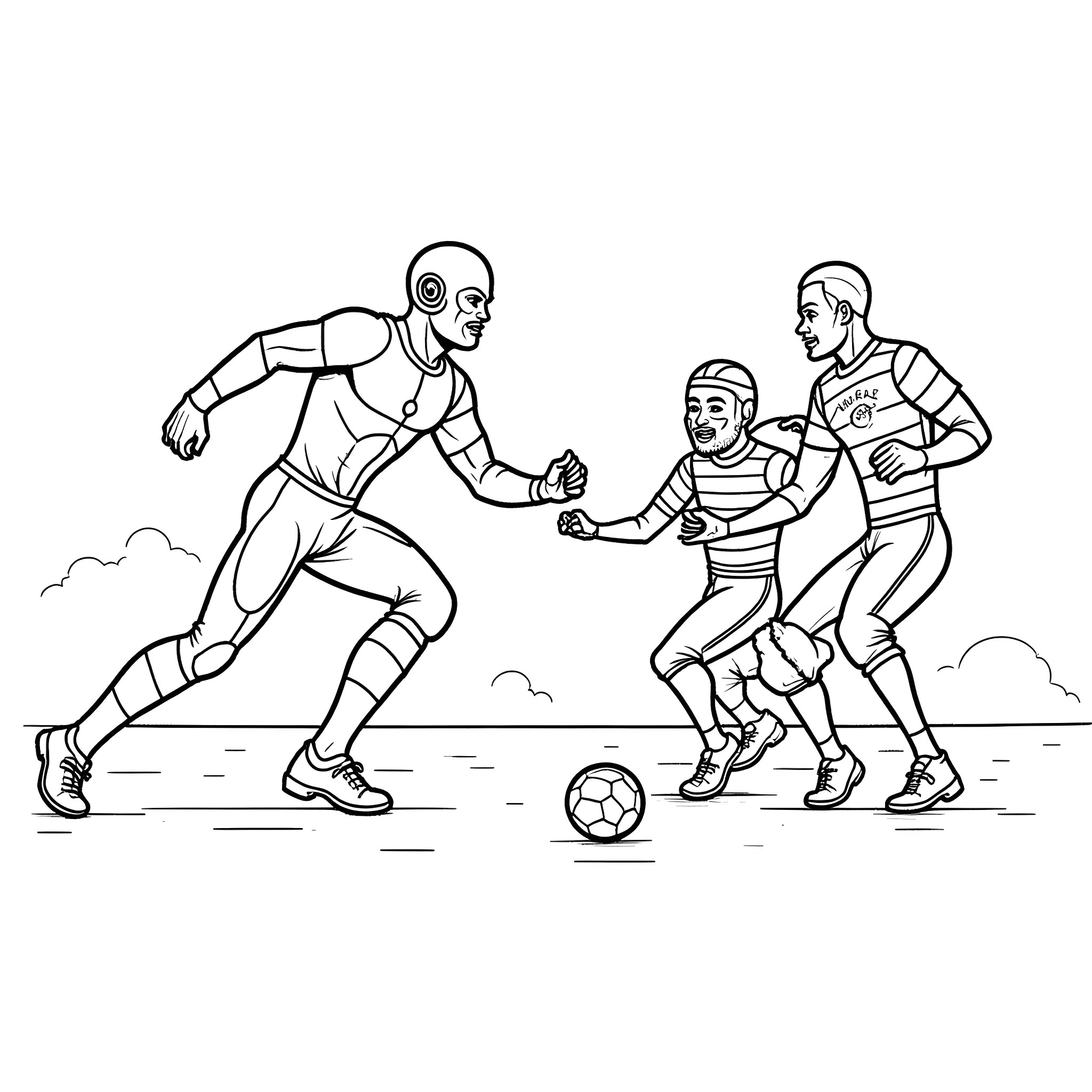 Flash of Athletic Figures Playing Soccer Coloring Page (free black-and-white line drawing printable PDF for all, from beginners to advanced learners, including children, teens, adults, and seniors)