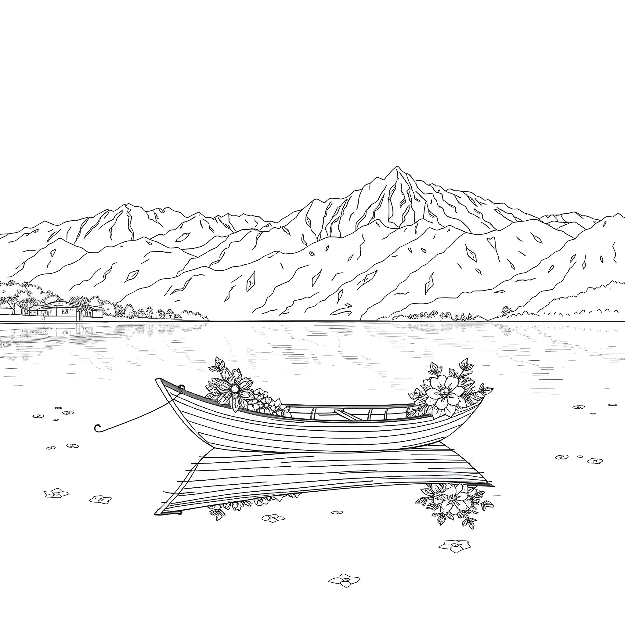 Shikara floating on serene lake with mountain backdrop Coloring Page (free black-and-white line drawing printable PDF for all, from beginners to advanced learners, including children, teens, adults, and seniors)