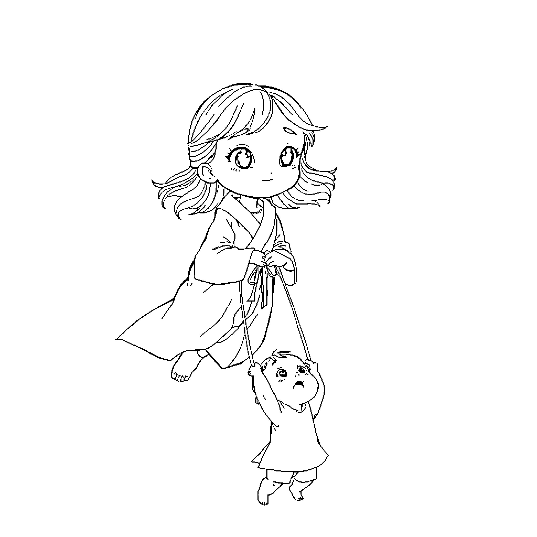 Girl with cute puppy in winter attire Coloring Page (free black-and-white line drawing printable PDF for all, from beginners to advanced learners, including children, teens, adults, and seniors)