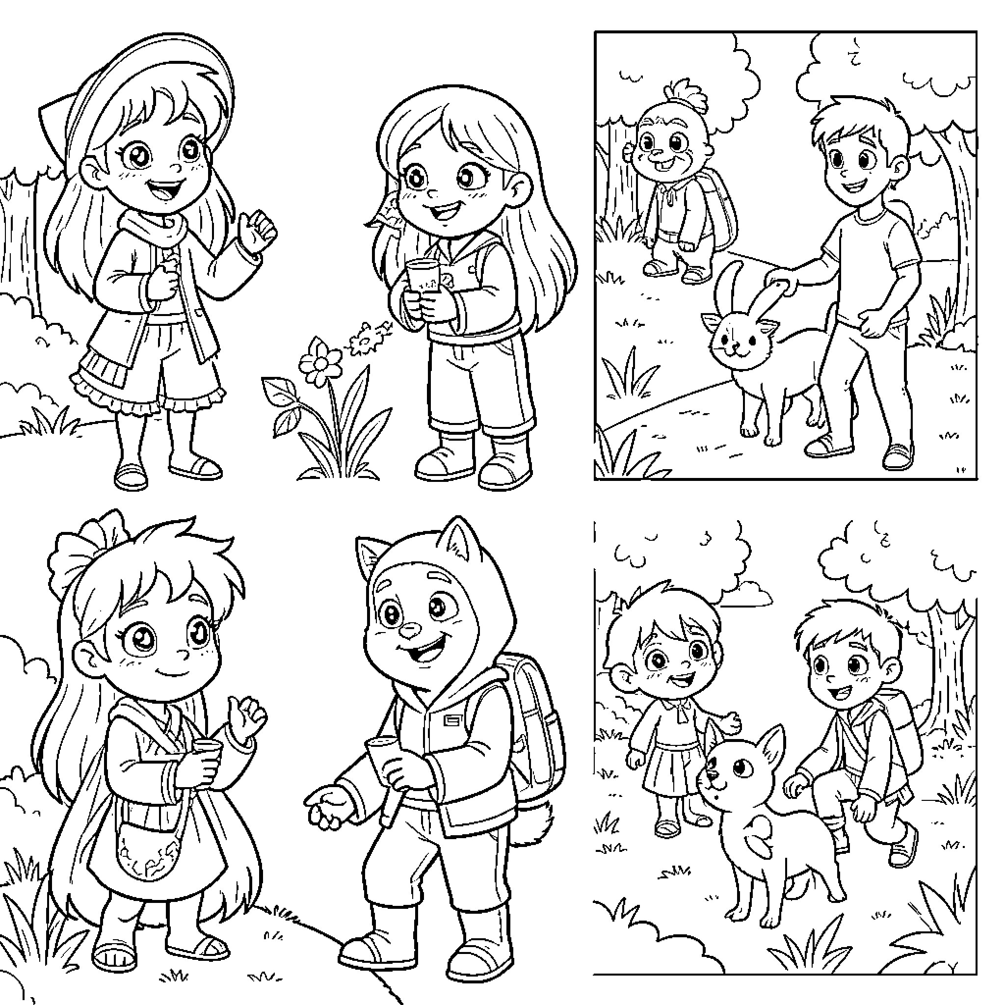 Anime characters playing outdoors with pets and friends Coloring Page (free black-and-white line drawing printable PDF for all, from beginners to advanced learners, including children, teens, adults, and seniors)