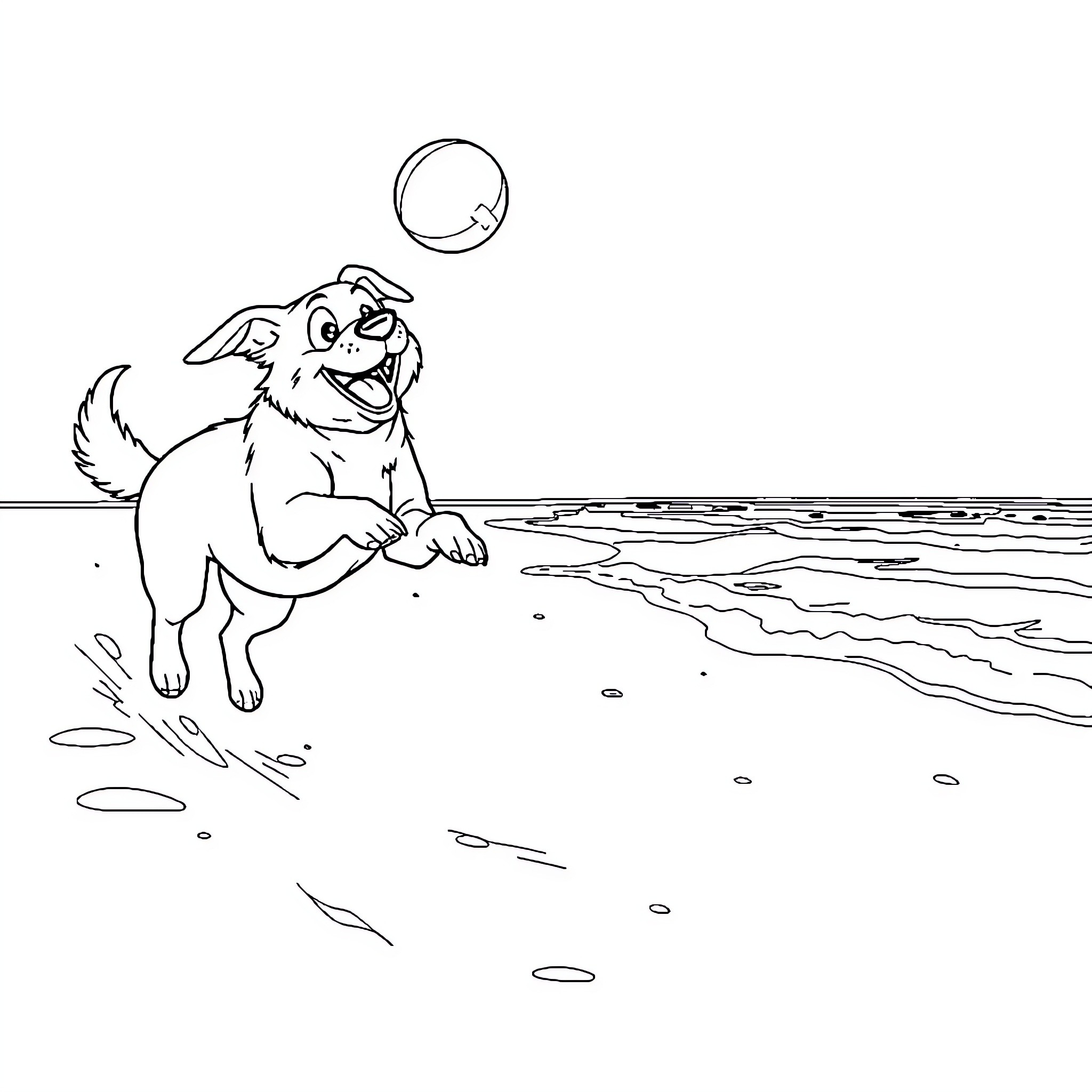 Dog chasing ball happily on the beach Coloring Page (free black-and-white line drawing printable PDF for all, from beginners to advanced learners, including children, teens, adults, and seniors)