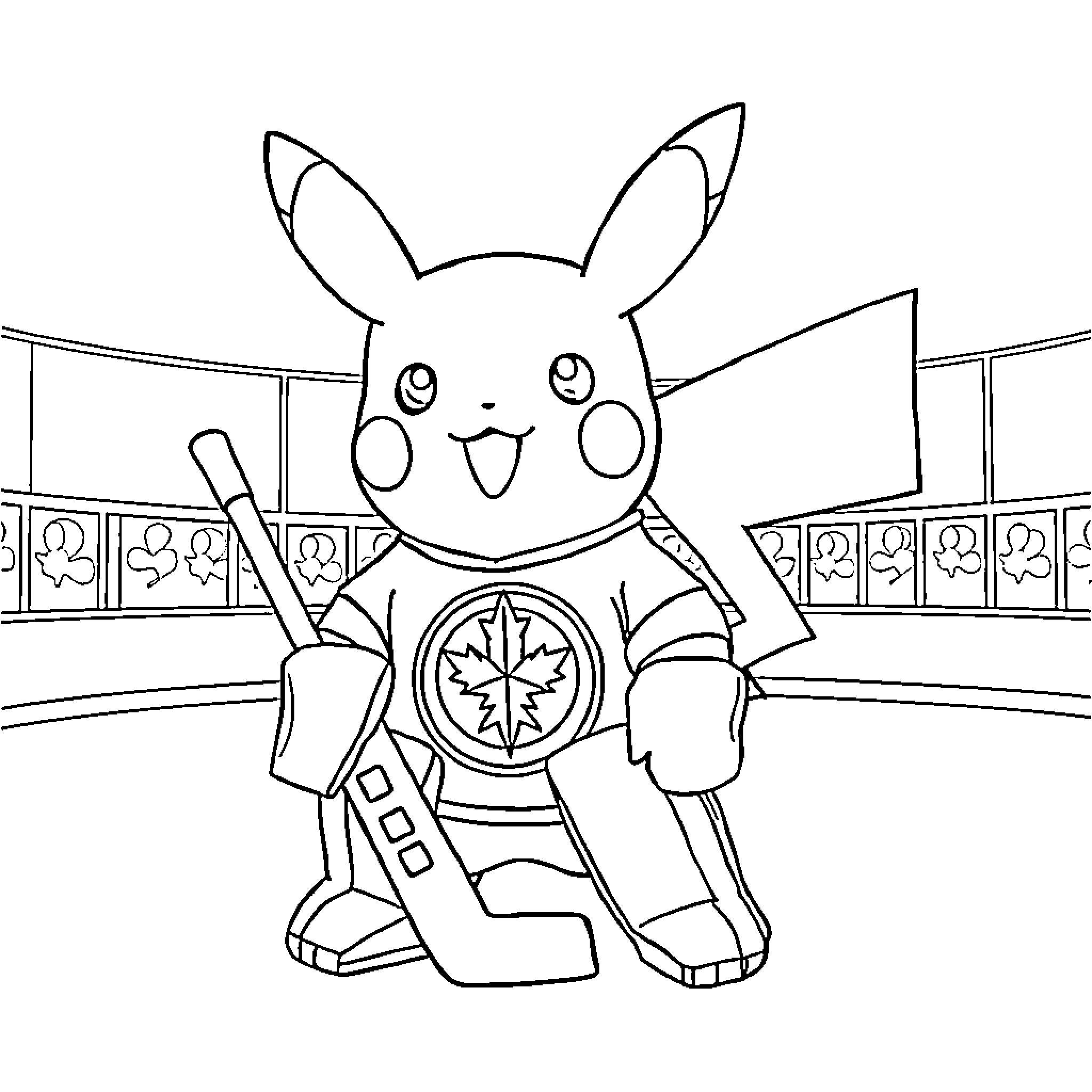 Pikachu playing with hockey equipment in stadium Coloring Page (free black-and-white line drawing printable PDF for all, from beginners to advanced learners, including children, teens, adults, and seniors)