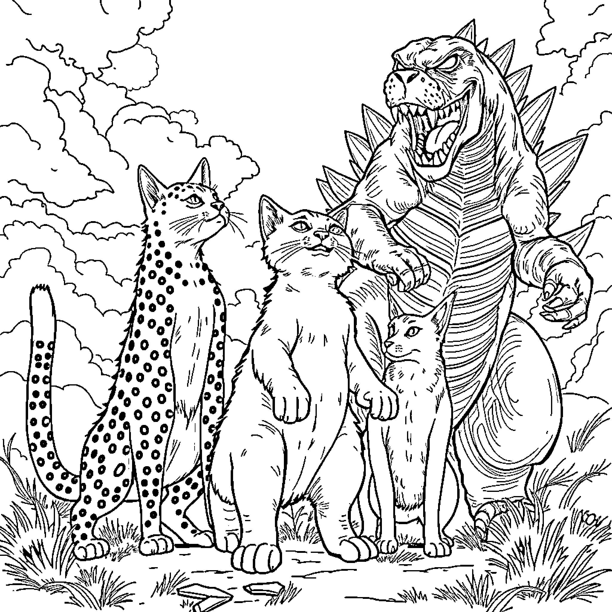 Cats Encountering a Fearsome Creature Coloring Page (free black-and-white line drawing printable PDF for all, from beginners to advanced learners, including children, teens, adults, and seniors)