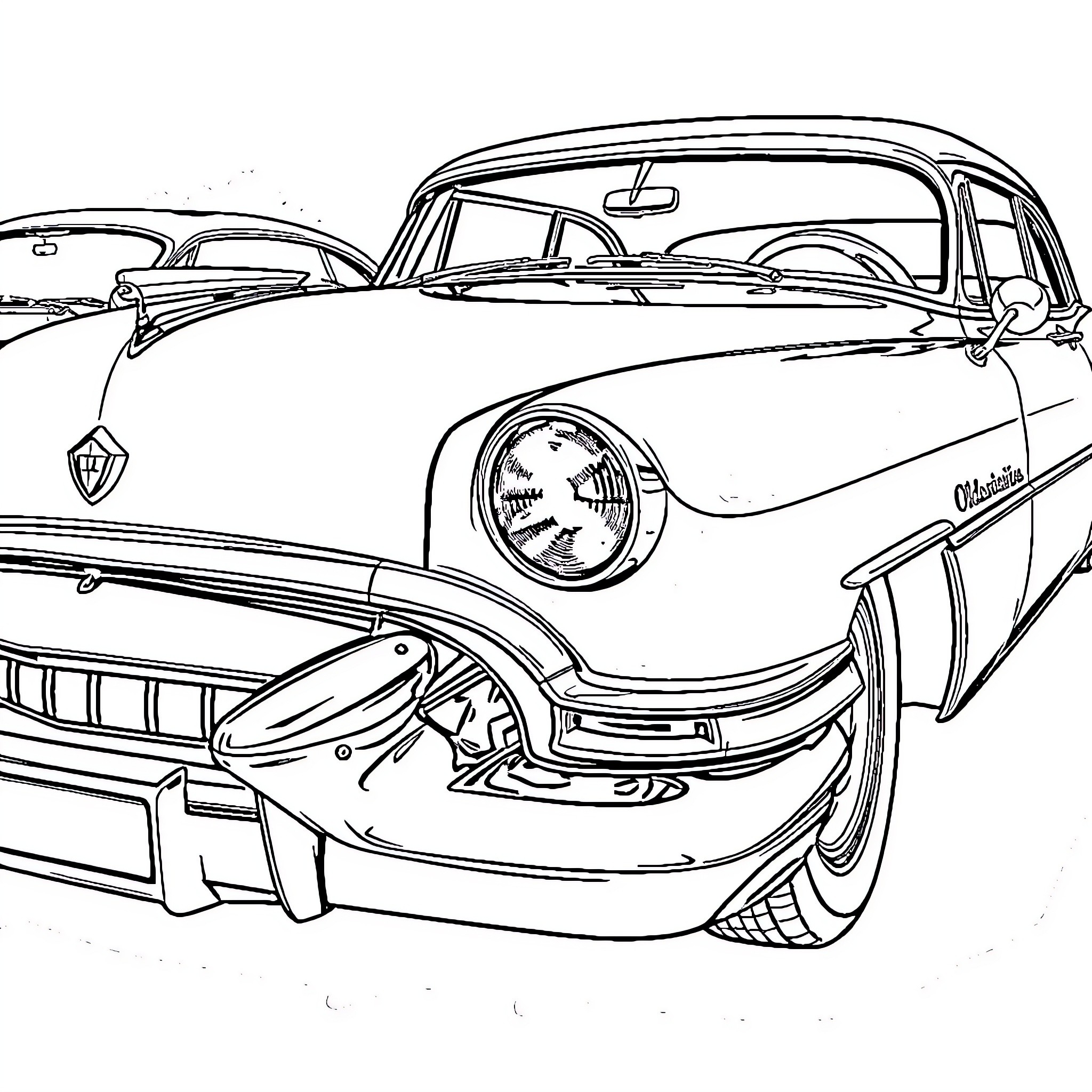 Oldsmobile Classic Car with Detailed Design Coloring Page (free black-and-white line drawing printable PDF for all, from beginners to advanced learners, including children, teens, adults, and seniors)