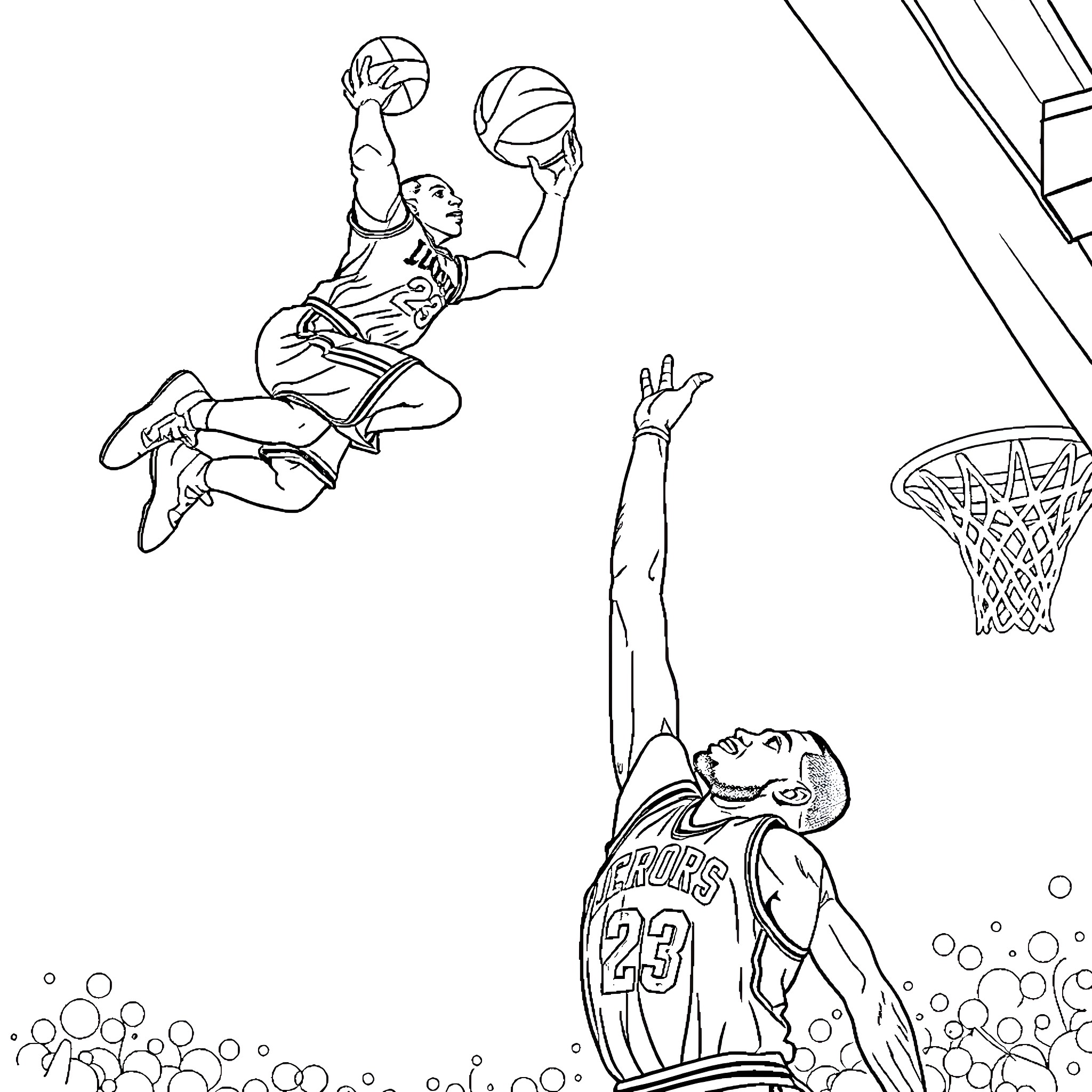 Jordan performing acrobatic dunk during basketball game Coloring Page (free black-and-white line drawing printable PDF for all, from beginners to advanced learners, including children, teens, adults, and seniors)