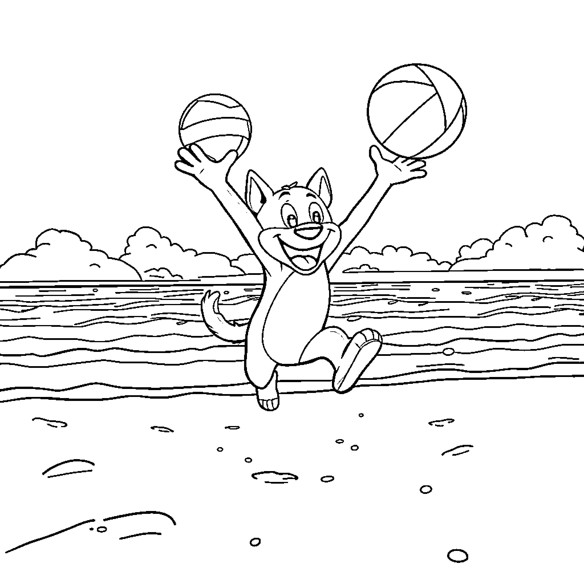 Bluey playing with beach balls on the shore Coloring Page (free black-and-white line drawing printable PDF for all, from beginners to advanced learners, including children, teens, adults, and seniors)