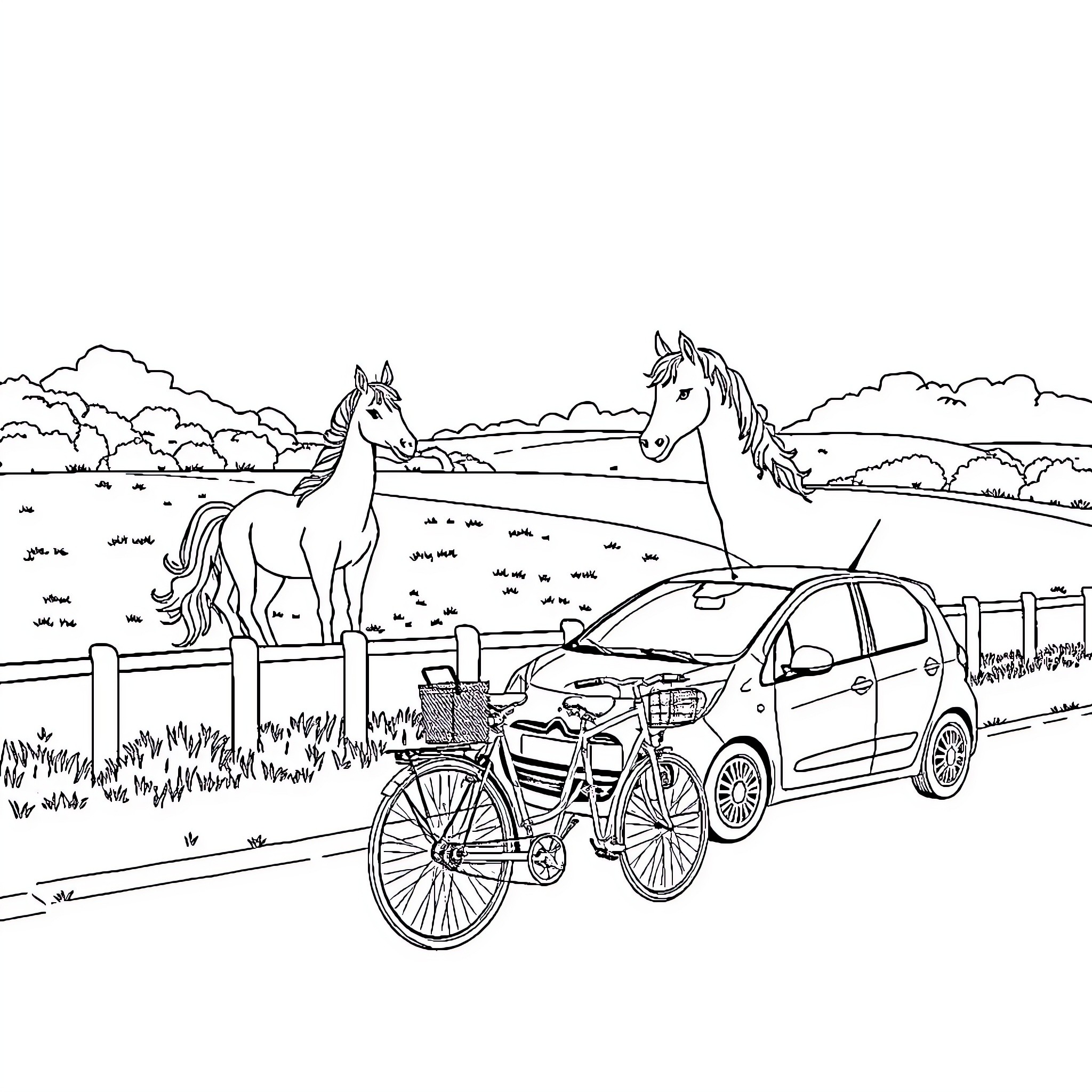 Licorne countryside scene with car, bicycle, and horses Coloring Page (free black-and-white line drawing printable PDF for all, from beginners to advanced learners, including children, teens, adults, and seniors)