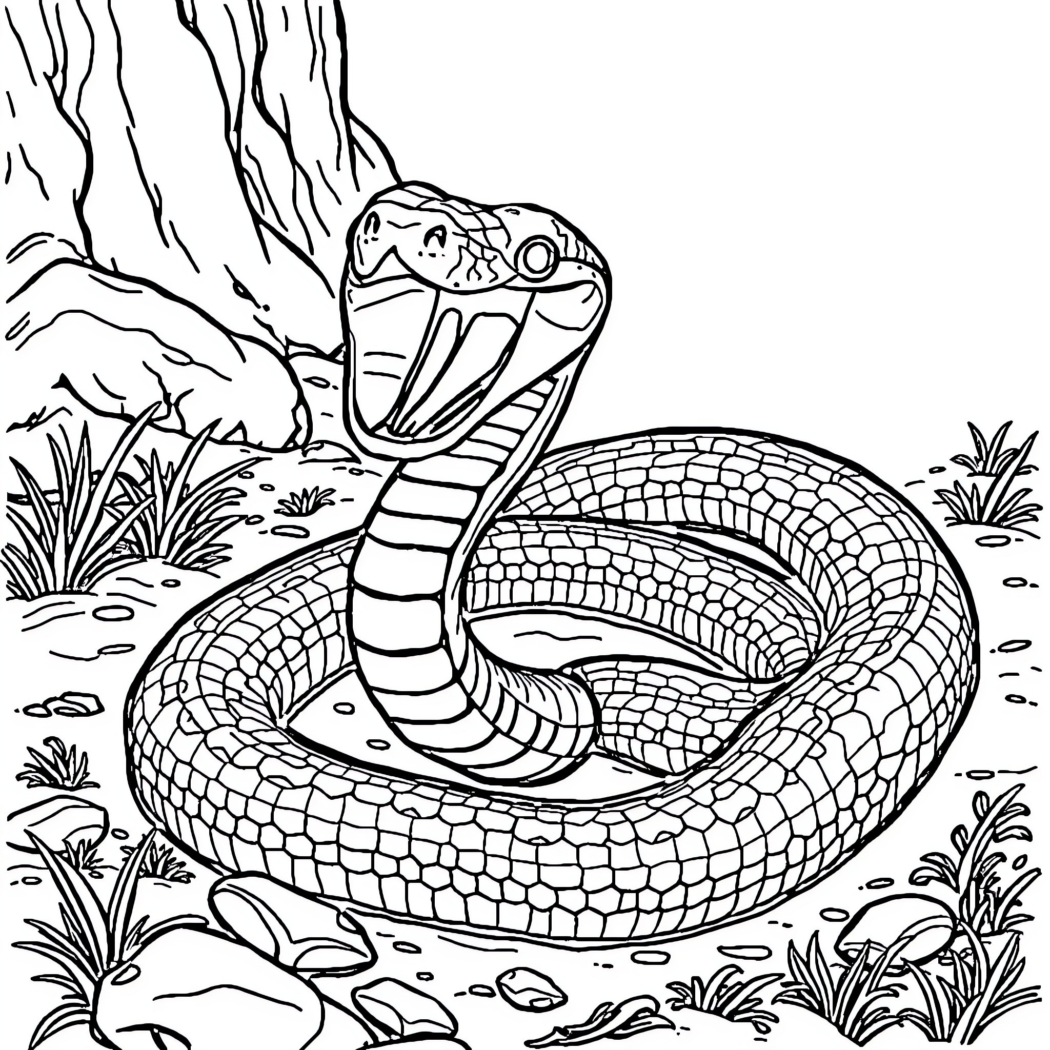 Two-Headed Viper Hissing Aggressively in Forest Coloring Page (free black-and-white line drawing printable PDF for all, from beginners to advanced learners, including children, teens, adults, and seniors)
