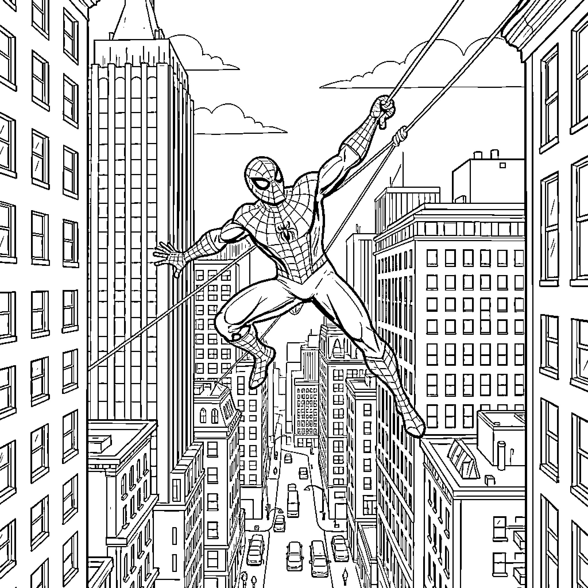 Spiderman swinging through the city skyline Coloring Page (free black-and-white line drawing printable PDF for all, from beginners to advanced learners, including children, teens, adults, and seniors)